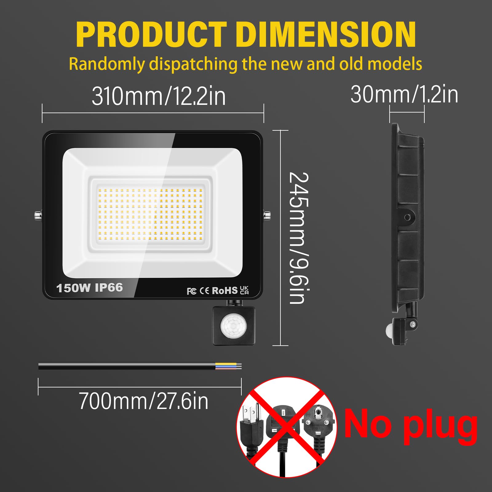 RIGIDON 2x 150W focos led exterior con sensor movimiento PIR, 15000lm 3000K | sin enchufe, blanco cálido, foco proyector, IP66 impermeable, seguridad, floodlight, para patio jardín garaje caminos entrada