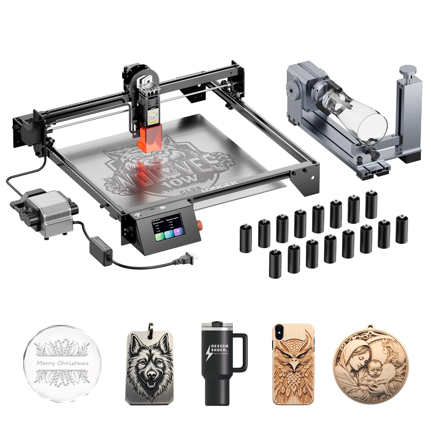 Longer RAY5 10W Laser Engraver with Air Assist Kit, 4-in-1 Rotary Roller, and 16 Pcs Raiser, Compressed Spot CNC, App Offline Control, DIY Engraving Tool for Metal/Glass/Wood.
