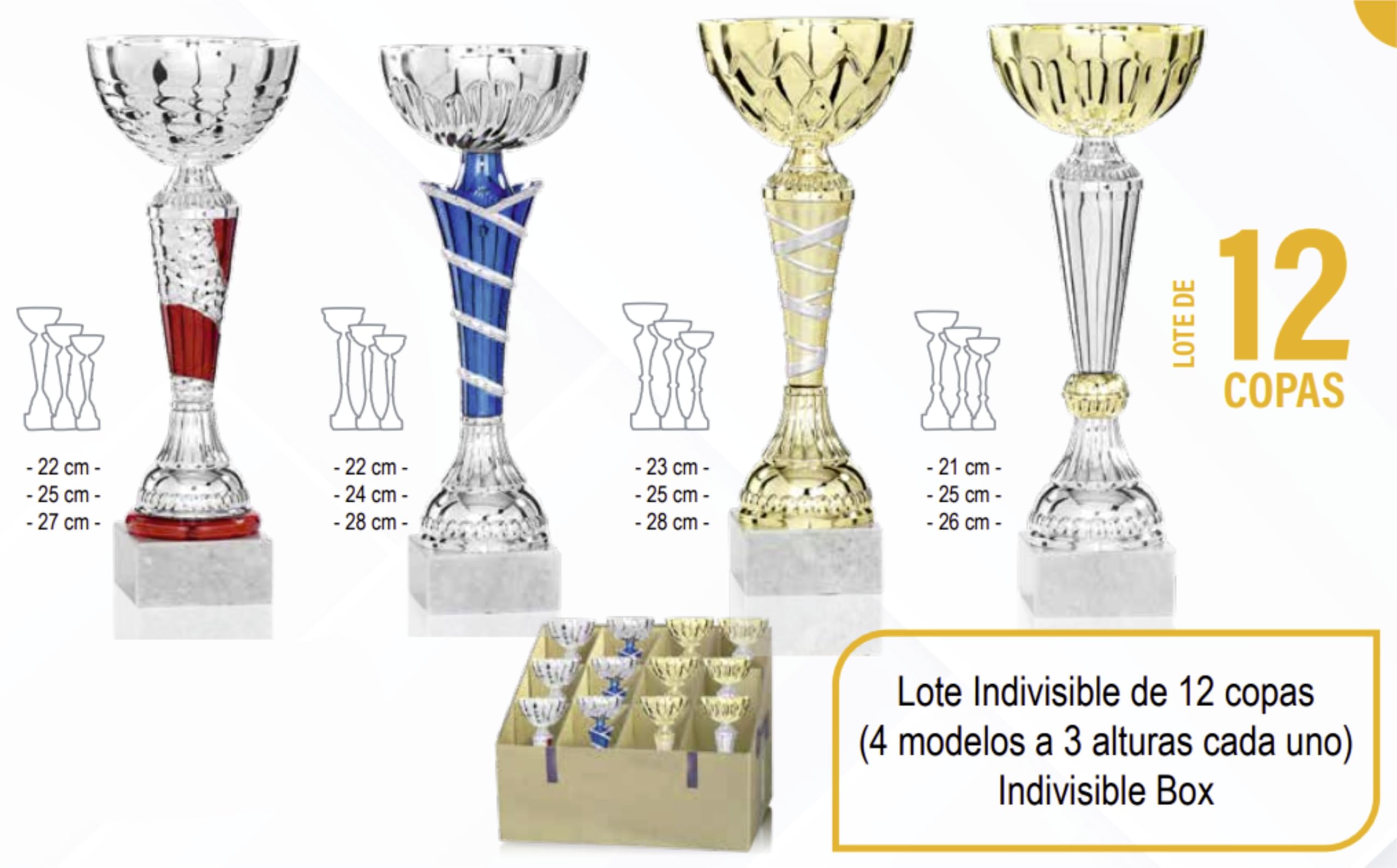 Lote de 12 Trofeos, Copas Deportivas, Premios metálicos con peana de mármol, 4 modelos en 3 alutras cada uno, todos Grabados