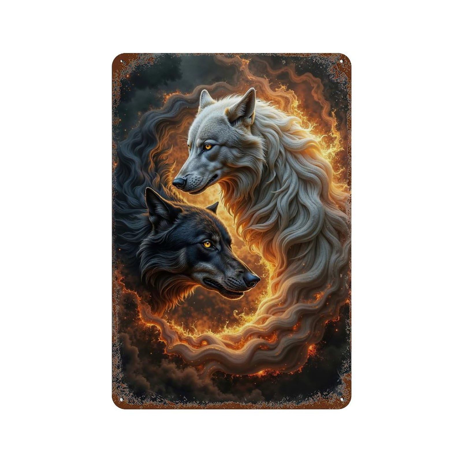 Yin Yang Two Wolves in Fiery Circle 11.8"x7.9" Retro Metal Sign, Vintage Wall Decor for Office, Studio And Wall Decor