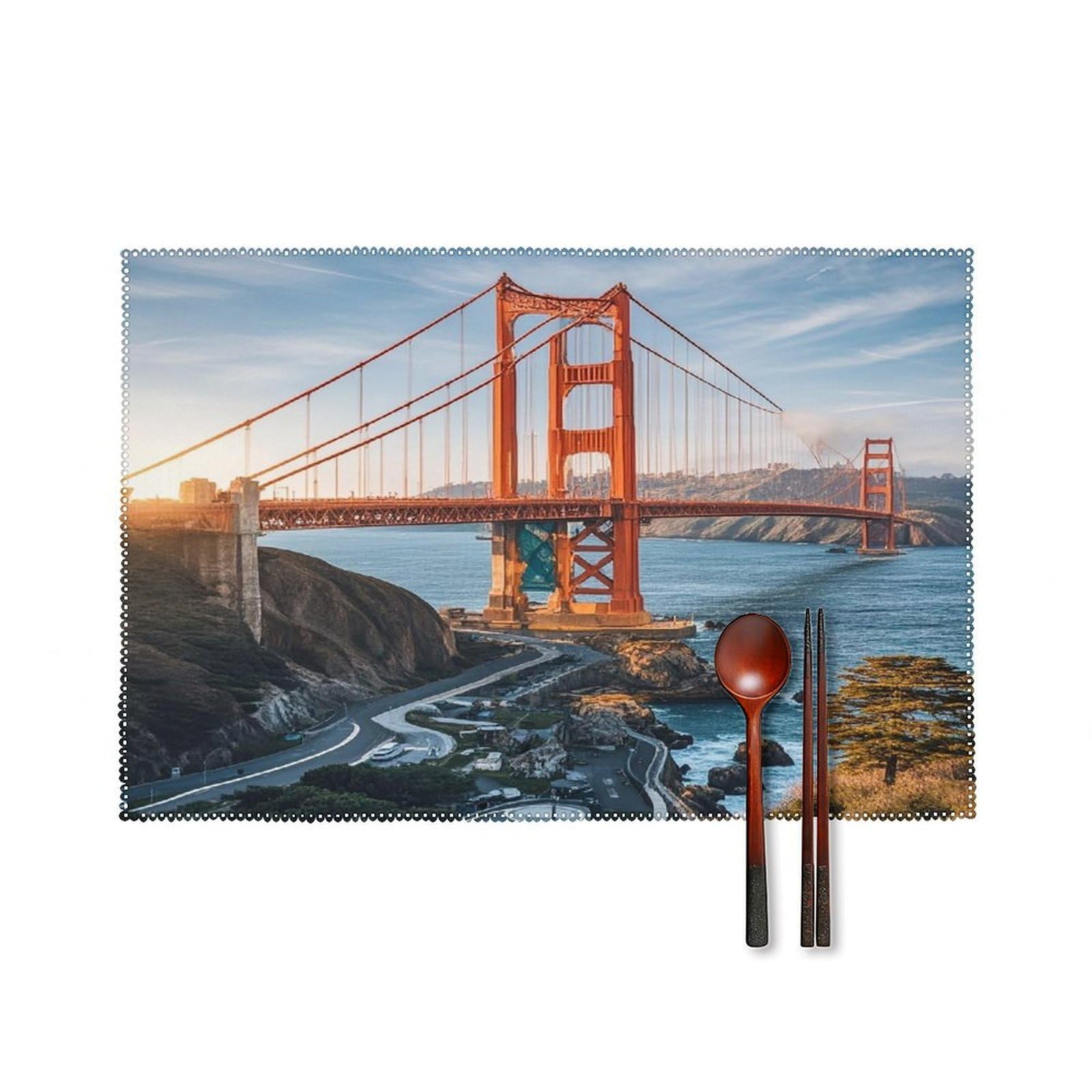 Golden Gate Bridge Placemats Set of 6 Heat-Resistant Washable Place Mats Wipeable Kitchen Placemat Easy to Clean for Indoor Outdoor Party Kitchen Decoration