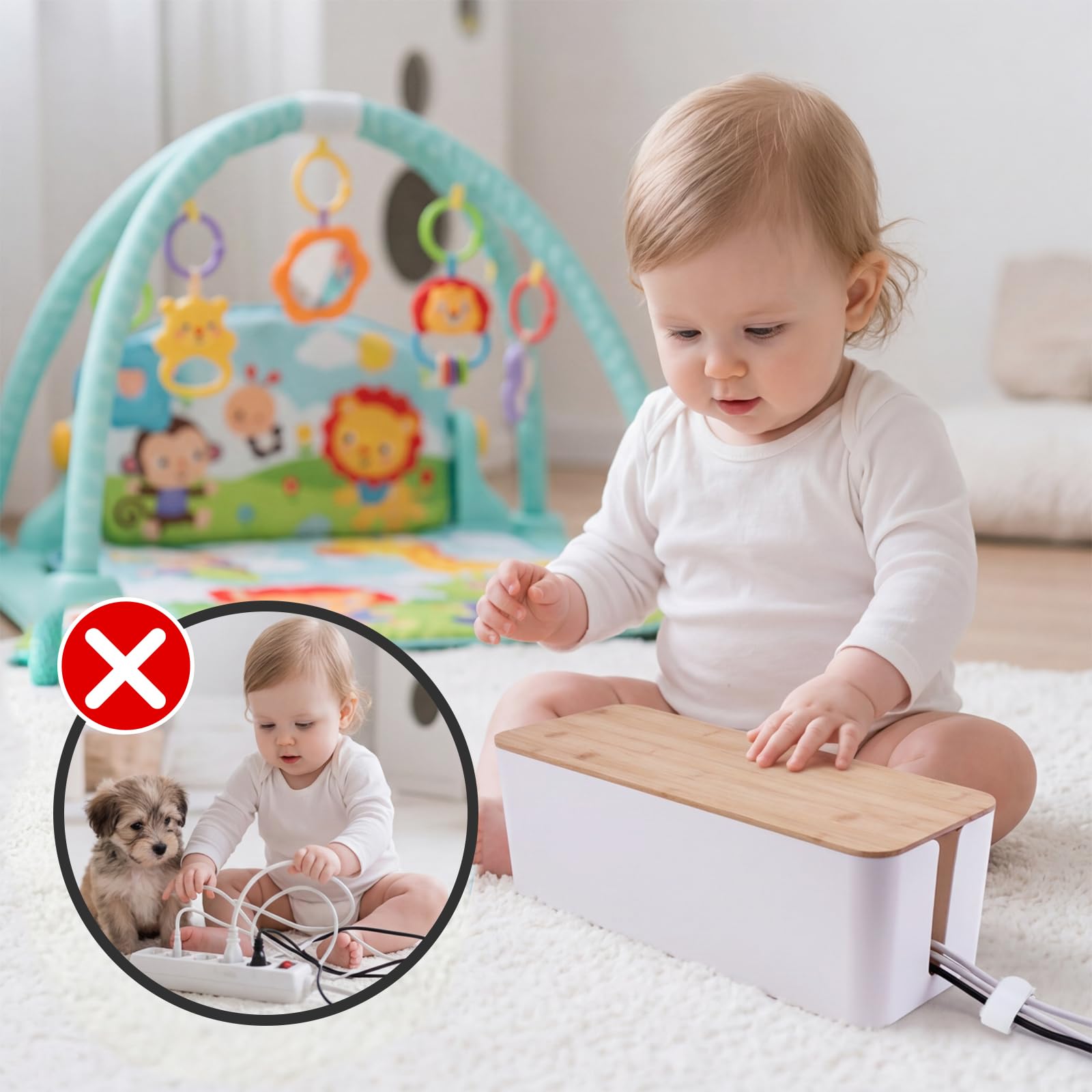 Paquete de 2 cajas de gestión de cables, caja organizadora de cables con tapa de madera para cables de TV, regletas de alimentación, router, concentrador USB y alimentación debajo del escritorio