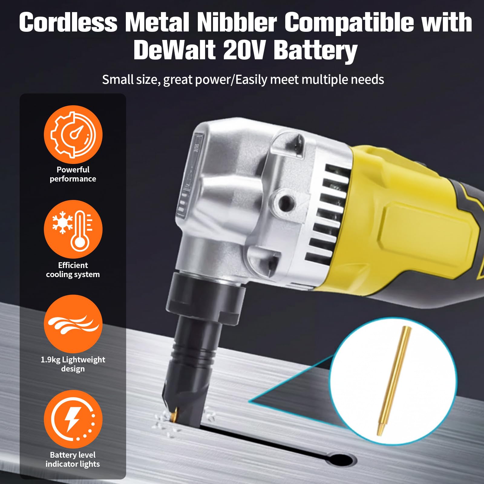 Grignoteuse de tôle compatible DeWalt 20 V, tête rotative 360°, 3 vitesses, moteur sans balais, acier inoxydable, aluminium