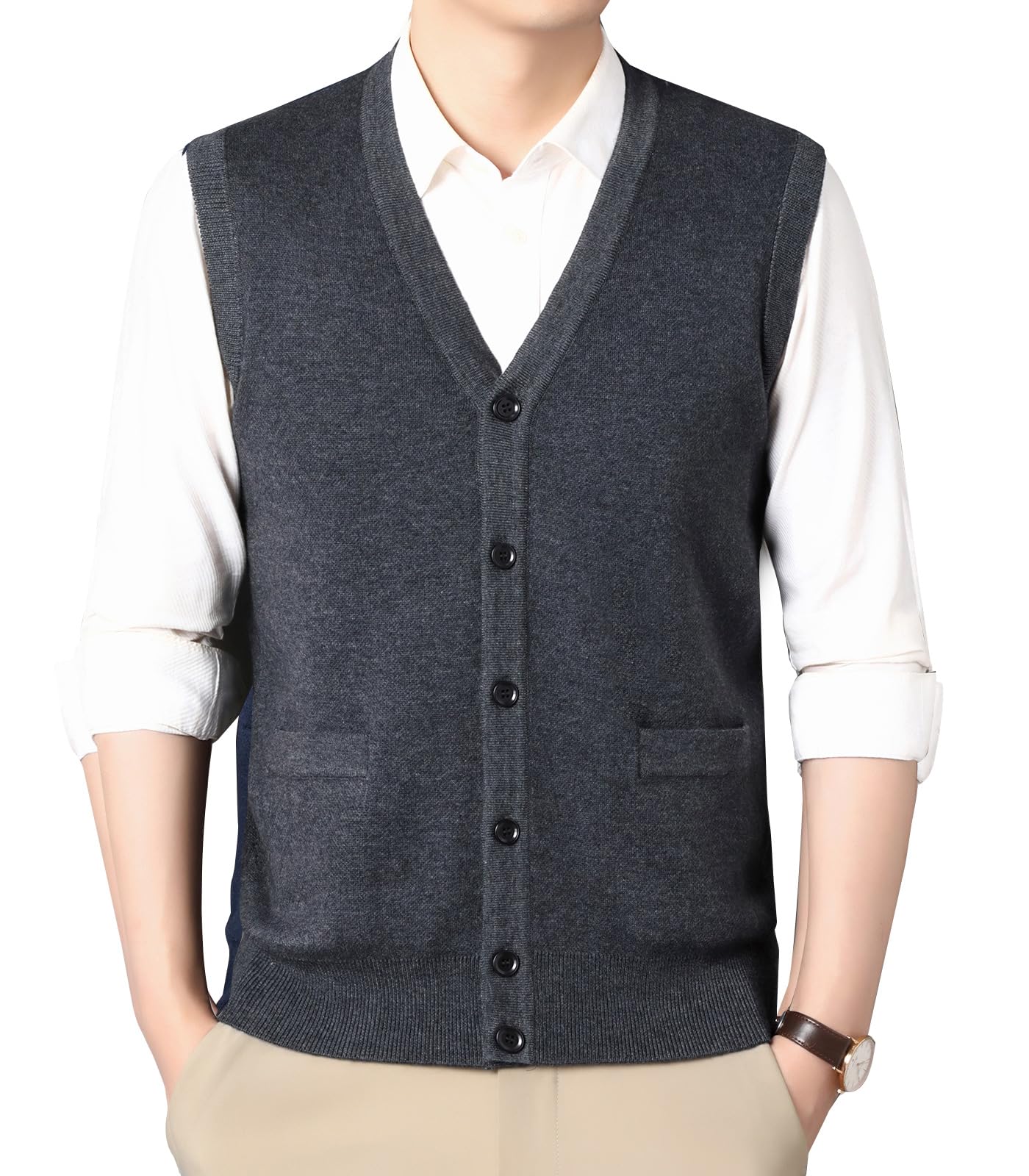 rakityo Knit Vest, Men's Cardigan Vest, Front Opening, V-Neck, Plain, Knit Top, Button Included, Work, Business, Spring, Autumn, Winter-picture-33