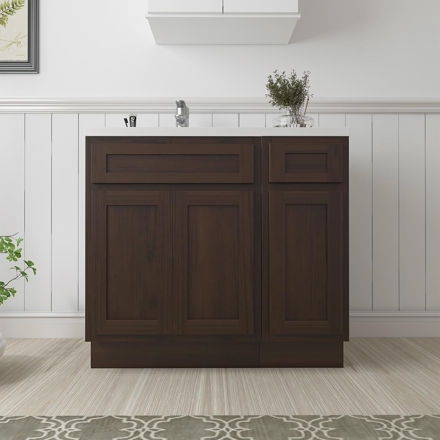 HomeBeyond 36 Inch Bathroom Vanity Base Only, Single Vanity Cabinet with Dove-Tailed Drawers, Soft-Closing Doors, Brown, Without Top,Small