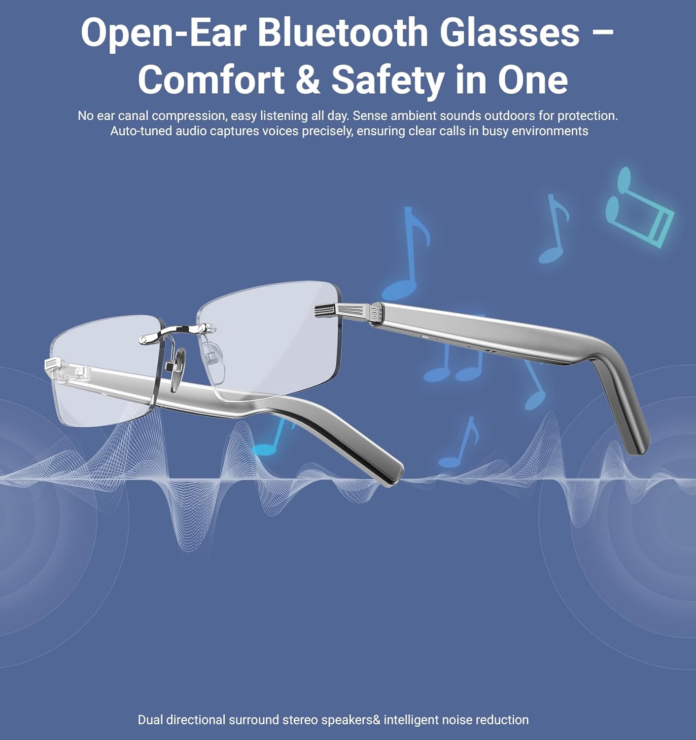 Smart Glasses,Rimless Photochromic Bluetooth Glasses with Speaker&Open-Ear HD Sound Mic- UV400 Protection, Voice Control & Hands-Free Calls,Unisex Safety Sunglasses for Music/Driving