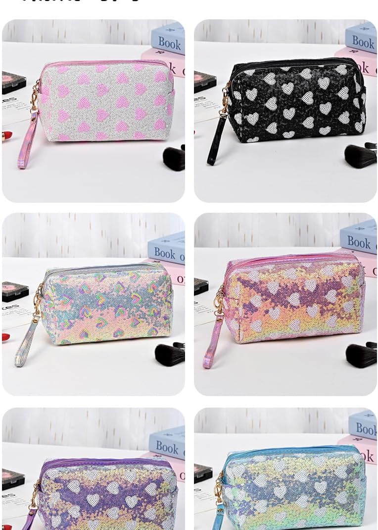 Glitter Cosmetic Pouch Makeup Bag Sequin Travel Organizer Multi-Purpose Toiletry Case Pencil Holder,Pink Heart 2# image 5