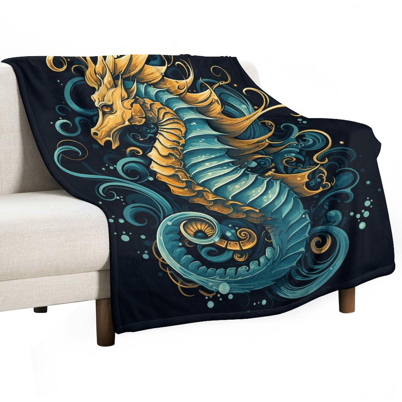 Couverture flanelle hippocampe bleu toutes saisons pour lit et canapé