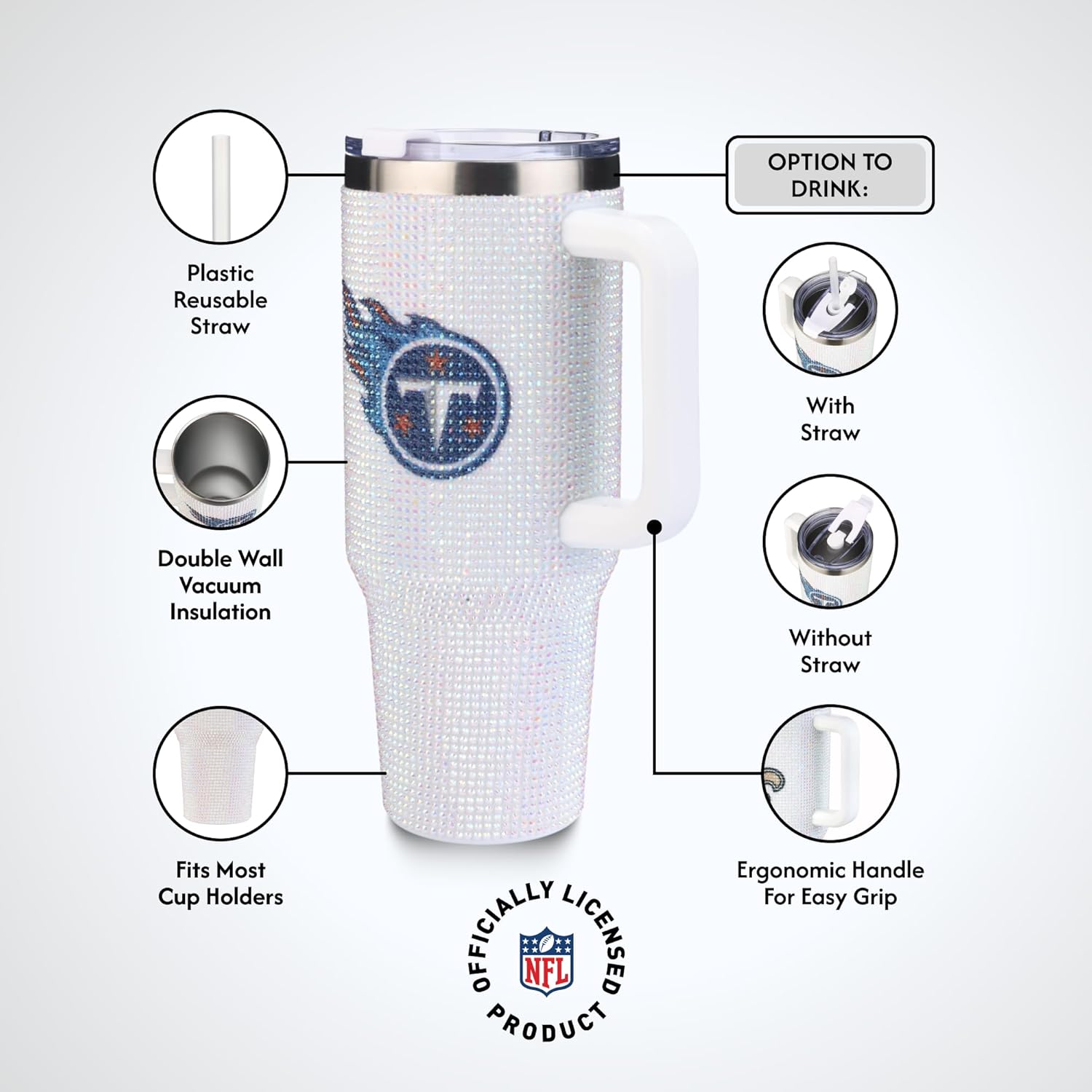 The Memory Company Officially Licensed NFL 40oz Stainless Steel Tumbler - Double Wall Insulated Travel Cup with Handle and Straw Lid - Crystal Rhinestone Design - Image 6