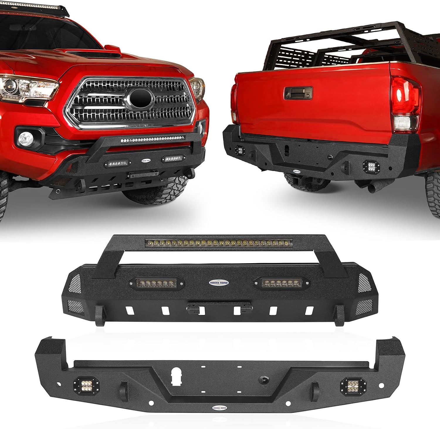 u-Box Tacoma Front Bumper + Rear Bumpers w/ 72W LED Light Bar Compatible with Toyota Tacoma 3rd Gen 2016-2023 Pickup Trucks - Stubby Front Bumper and Full Width Rear Step Bumper