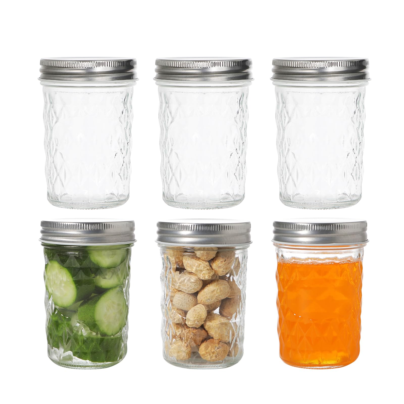 Hniuyun Diamond-6Pack-8Oz Mason Jars 8 Oz, 6 Pack 240Ml Canning Jars Jelly Jars With Regular Lids, Clear Glass Storage Containers For Fermenting, Pickling, Overnight Oats, Jam, Shower Favor