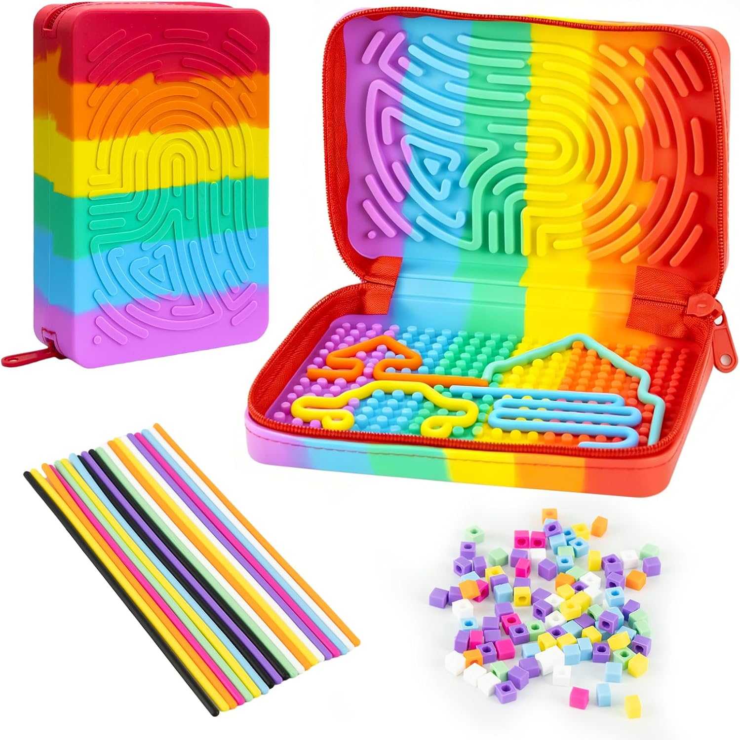 Sensory Activity Board for Kids with Zipper Case, 3-in-1 Rainbow Silicone Portable Travel Fidget Toy for Kids Toddlers 3+, Autism ADHD Calming Toy for Fine Motor Skills Development