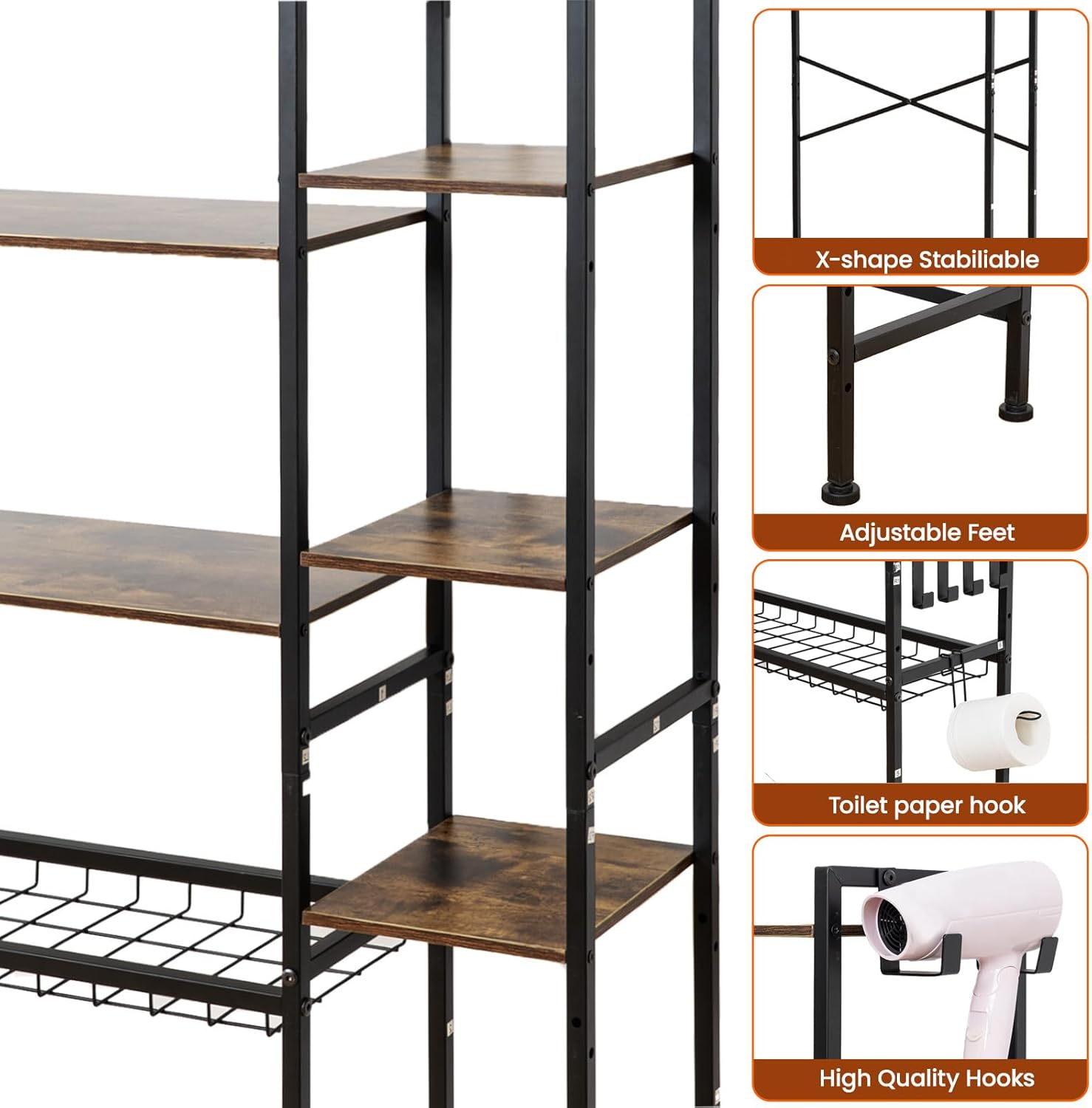 GARPROVM 8-Tier Over The Toilet Storage Rack with Side Rack, Bathroom Organizer Space Saver Cabinet with Adjustable Shelves, Basket ＆ 6 Hooks, Freestanding Above Toilet Shelf for Bathroom Laundry