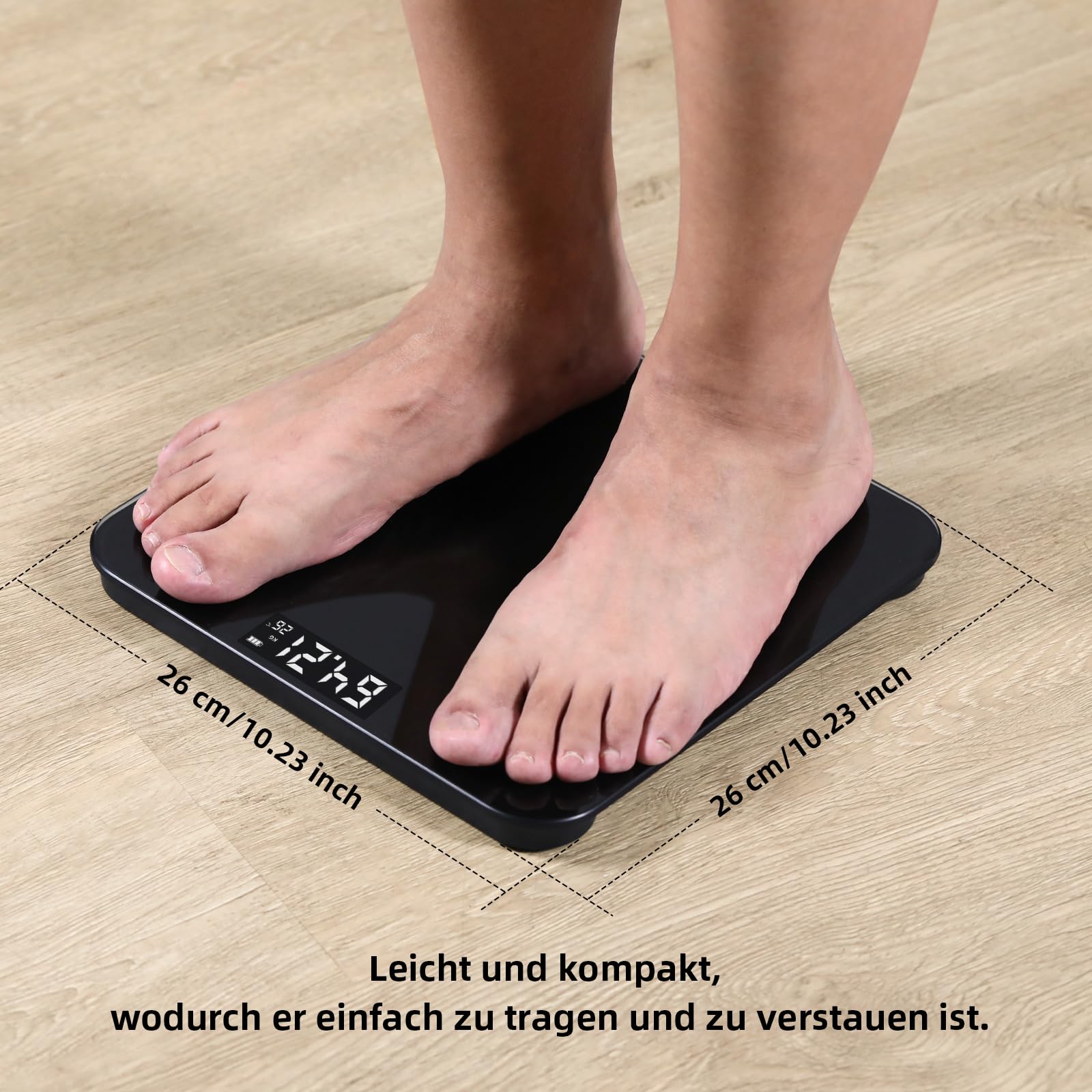 Healthkeep Personenwaage, Körperwaage mit Hochpräzisions-Sensoren, Personen Digitalwaage mit Step-On-Technik, Gewichtswaage aus Sicherheitsglas, Schwarz (260 schwarz 202403)
