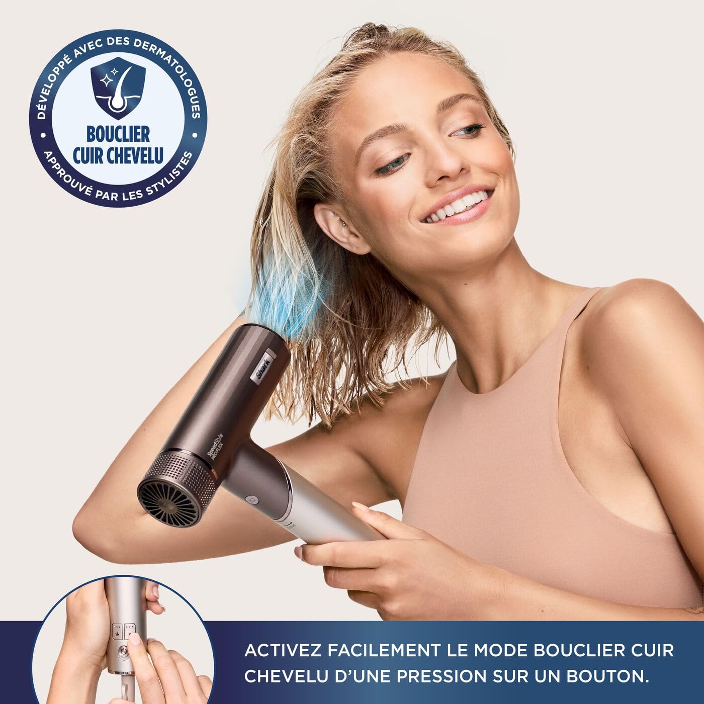 Shark sèche-Cheveux SpeedStyle Pro Flex Ultra-performant et Ultra-Rapide, 4 Embouts de coiffage, léger, ionique, sans dommage Thermique, poignée Pliable, Tous Types de Cheveux, Moka Argent HD542EU