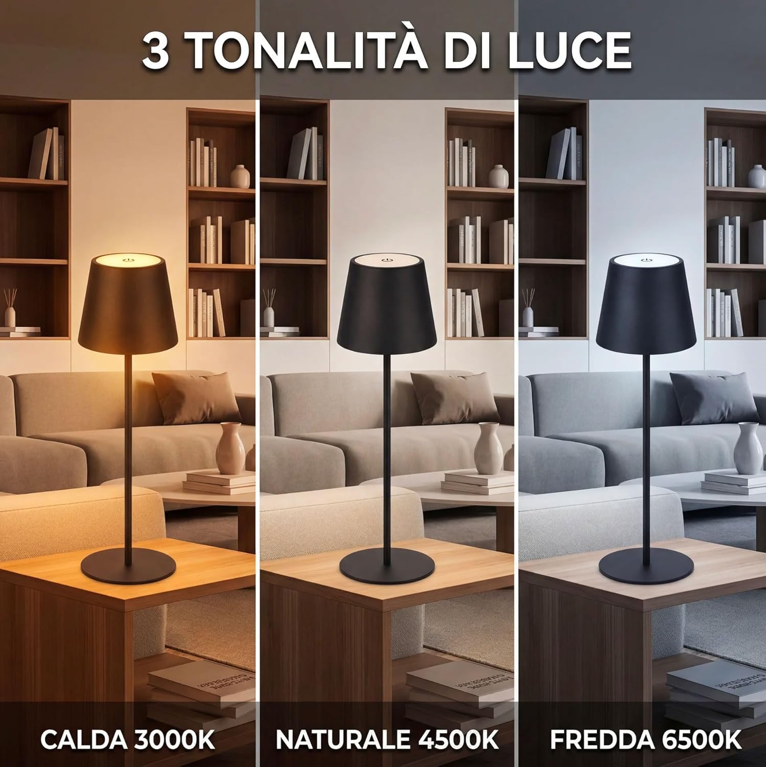 081 Store - 4 PEZZI LAMPADA DA TAVOLO SENZA FILI RICARICABILE, LAMPADA DA TAVOLO LED DIMMERABILE E CON 3 TONALITà DI LUCE, DIMMERABILE 3000-65000K ED IMPERMEABILE IP54 (6)