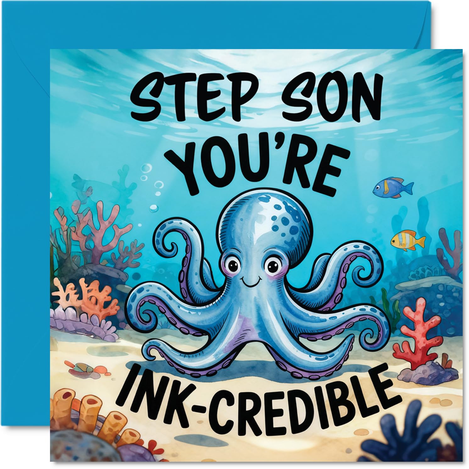 Stuff4 Step Son Birthday Card - You're Ink-Credible Smiling Octopus Pun