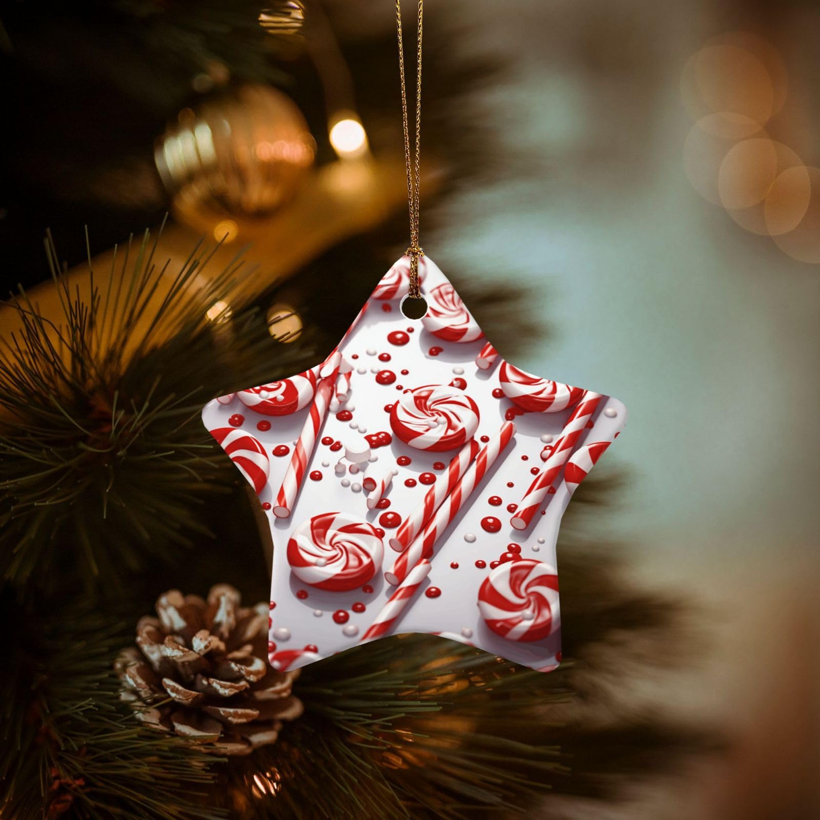 Christmas Ornaments for Christmas Tree Decoration Hanging Candy Cane Ornament with Gold Ribbon Crafts Star Shape Ceramic Pendant for Keepsake Gifts Xmas Decor Party Supplies