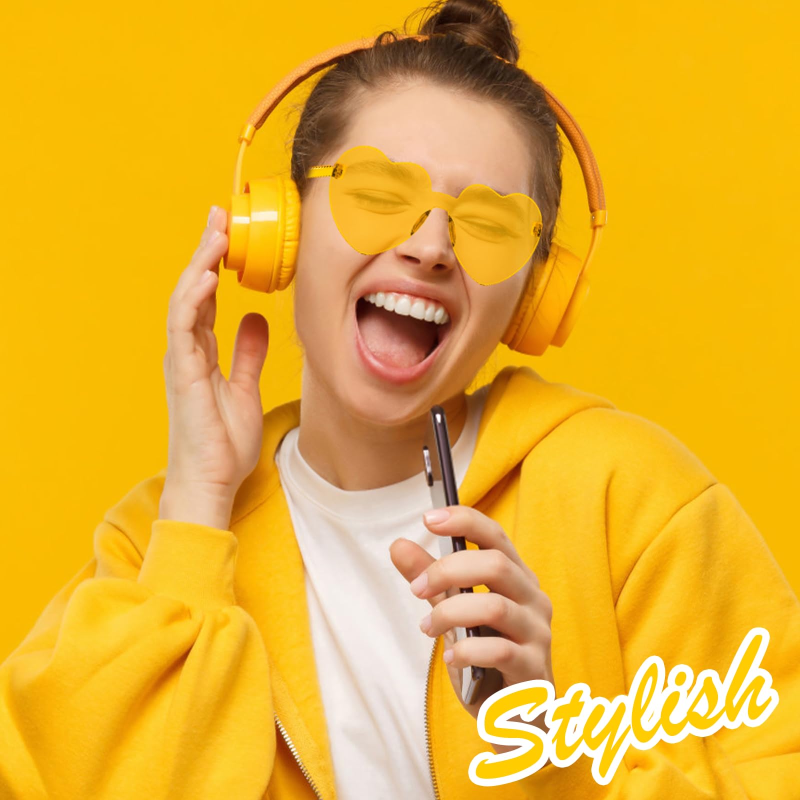 SelfTek 10 Pcs Yellow Heart Shaped Sunglasses, Funky Heart-Shaped, Unisex-Children & Adults, Rimless, Transparent - Image 4