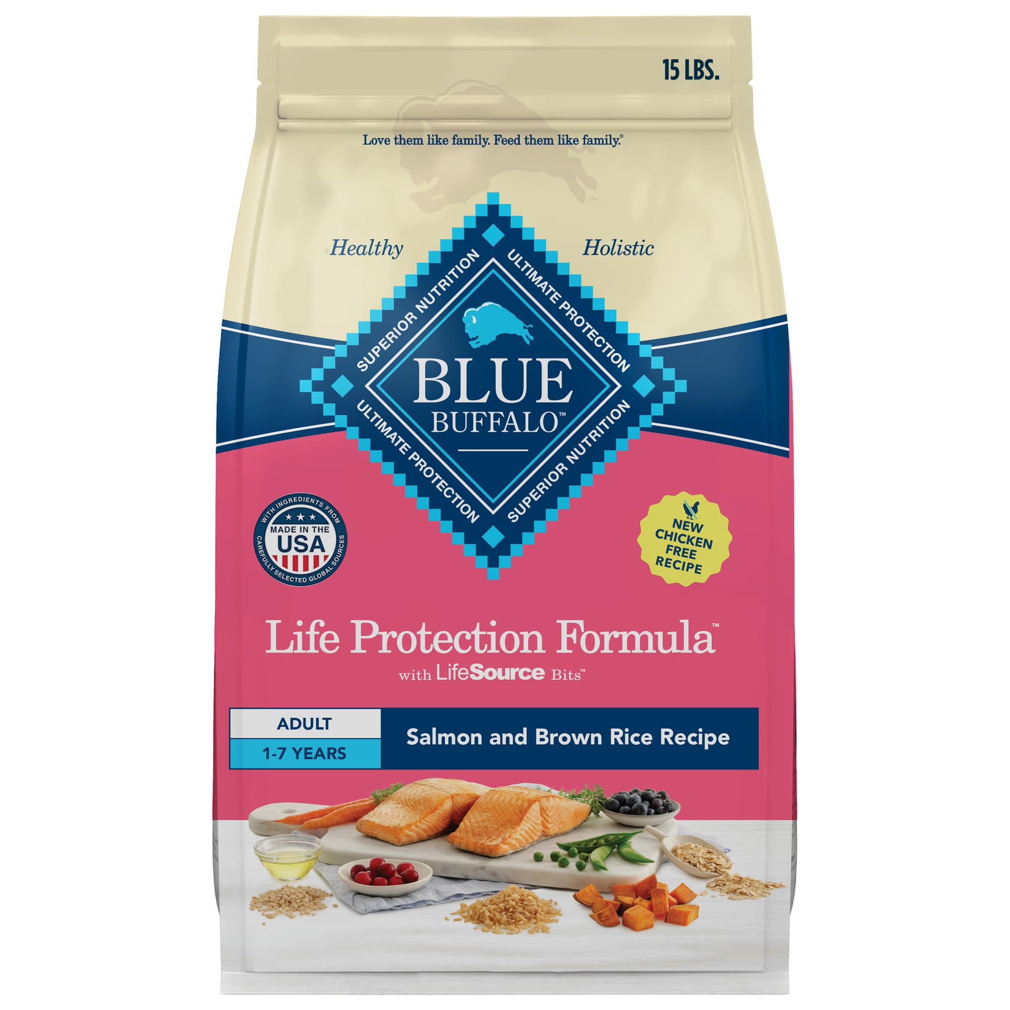 Blue Buffalo Life Protection Formula Adult Dry Dog Food, Helps Build and Maintain Strong Muscles, Made with Natural Ingredients, Salmon & Brown Rice Recipe, 15-lb. Bag