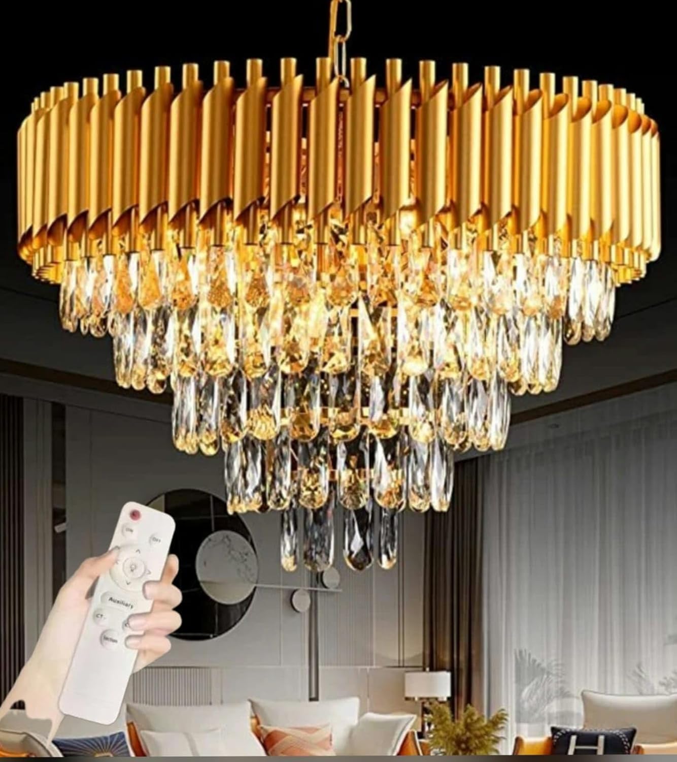 Gold Crystal Chandelier - Remote Control & Color Changing -8