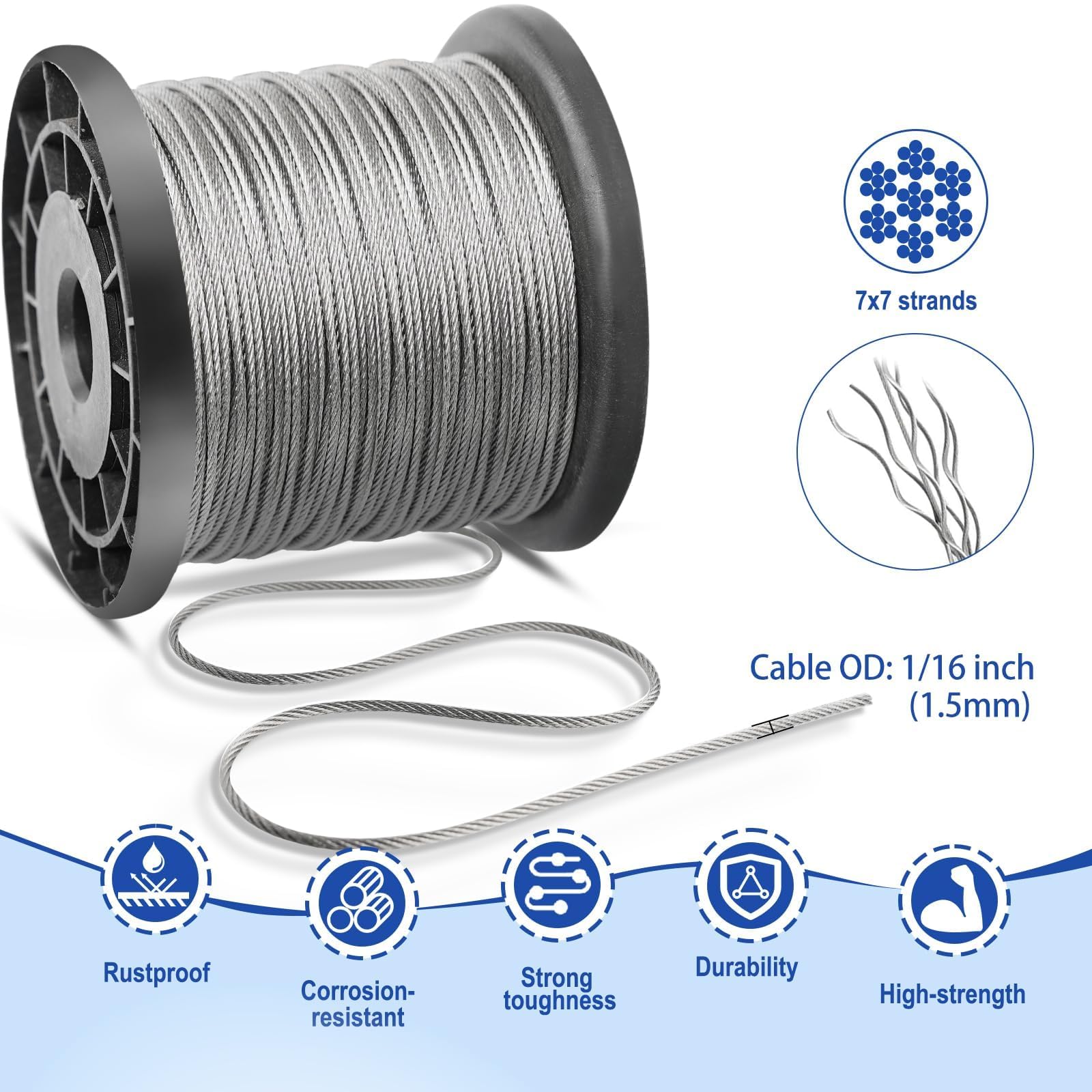 TooTaci Câble en Acier 100M avec Kit Tendeurs, Câble 1,5mm avec Outil de Sertissage Swager, Outil 2 en 1 Coupeur & Sertisseur – Idéal pour Treillis de Jardin, Clôture et Garde-Corps