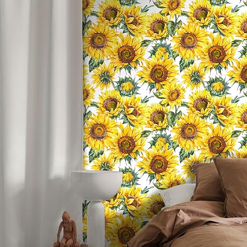 Miniatura 10 de Papel tapiz de girasol 3D de 17.7 x 118 pulgadas, papel tapiz de flores amarillas y flores, autoadhesivo, impermeable, con tinta bohemia, hojas