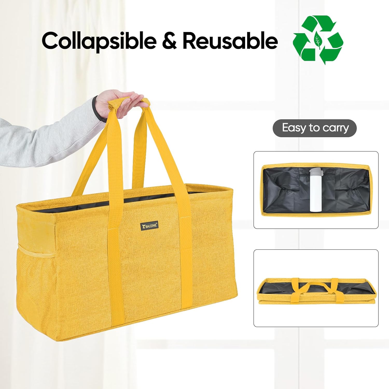 BALEINE 3Pk Reusable Grocery Bags + Extra Large Utility Tote Bag with Wire Frame