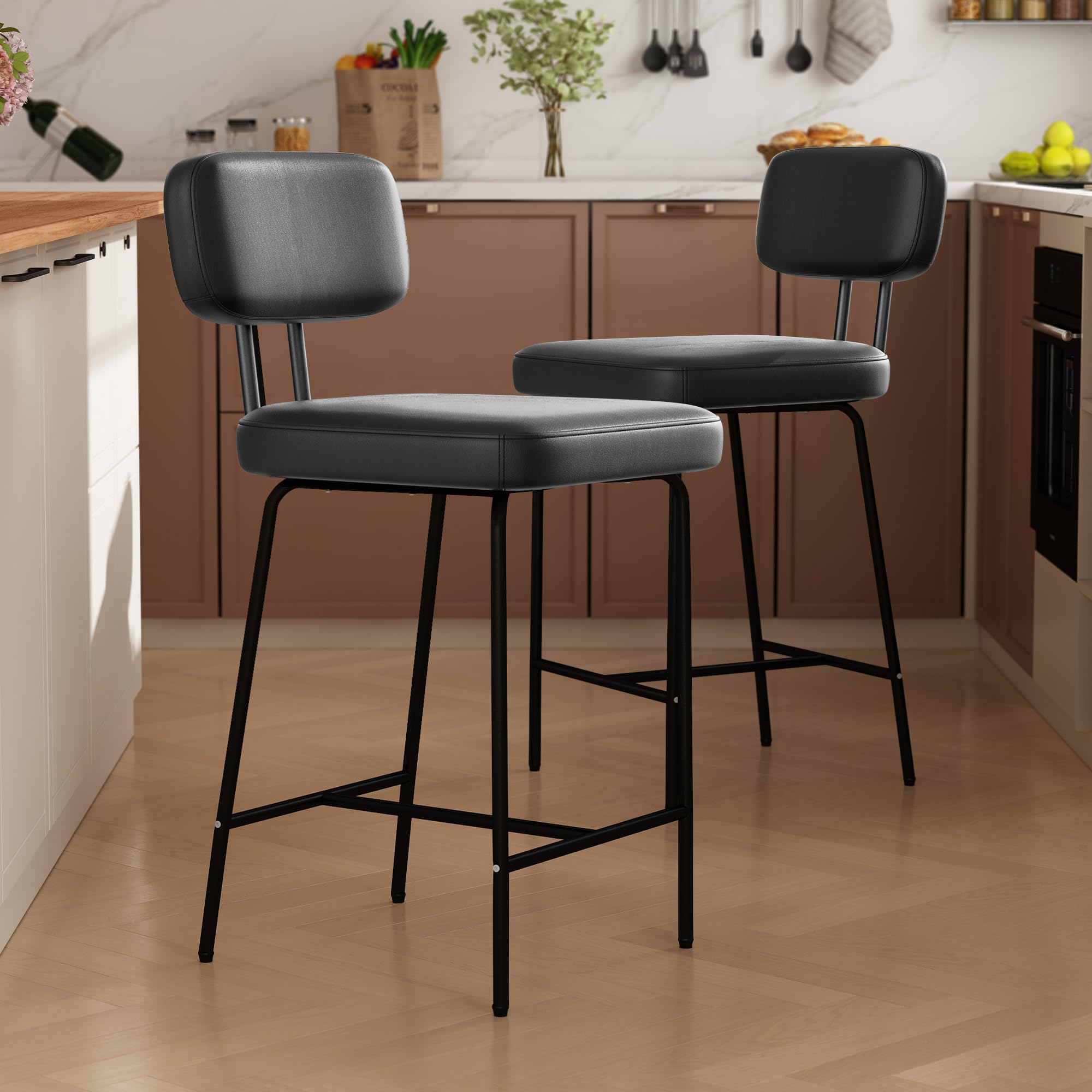 Genpo Counter Height Bar Stools Set of 2, Leather Counter Bar Stools, 26" Upholstered Kitchen Island Chairs Barstools with Back and Metal Leg Footrest