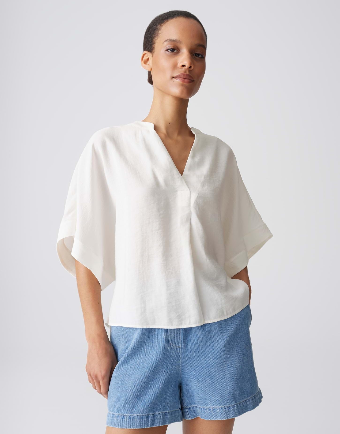 OPUS Damen Kurzarmbluse | Oversized geschnittene Cape Bluse im Cottonmodal Mix