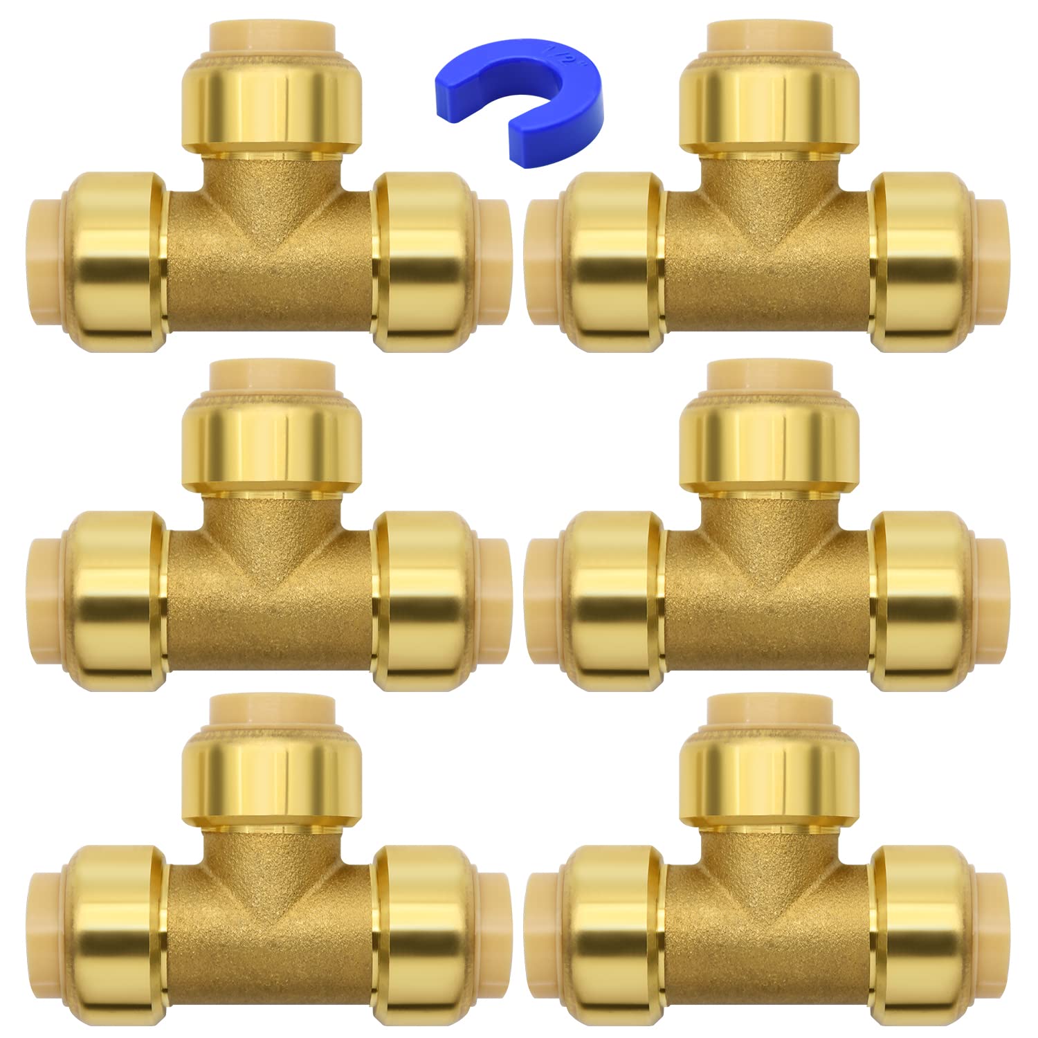 6 Pack Push-to-Connect Plumbing Fittings, 1/2" Pushfit Tee Fittings with Disconnect Clip for Copper, PEX, CPVC Pipe
