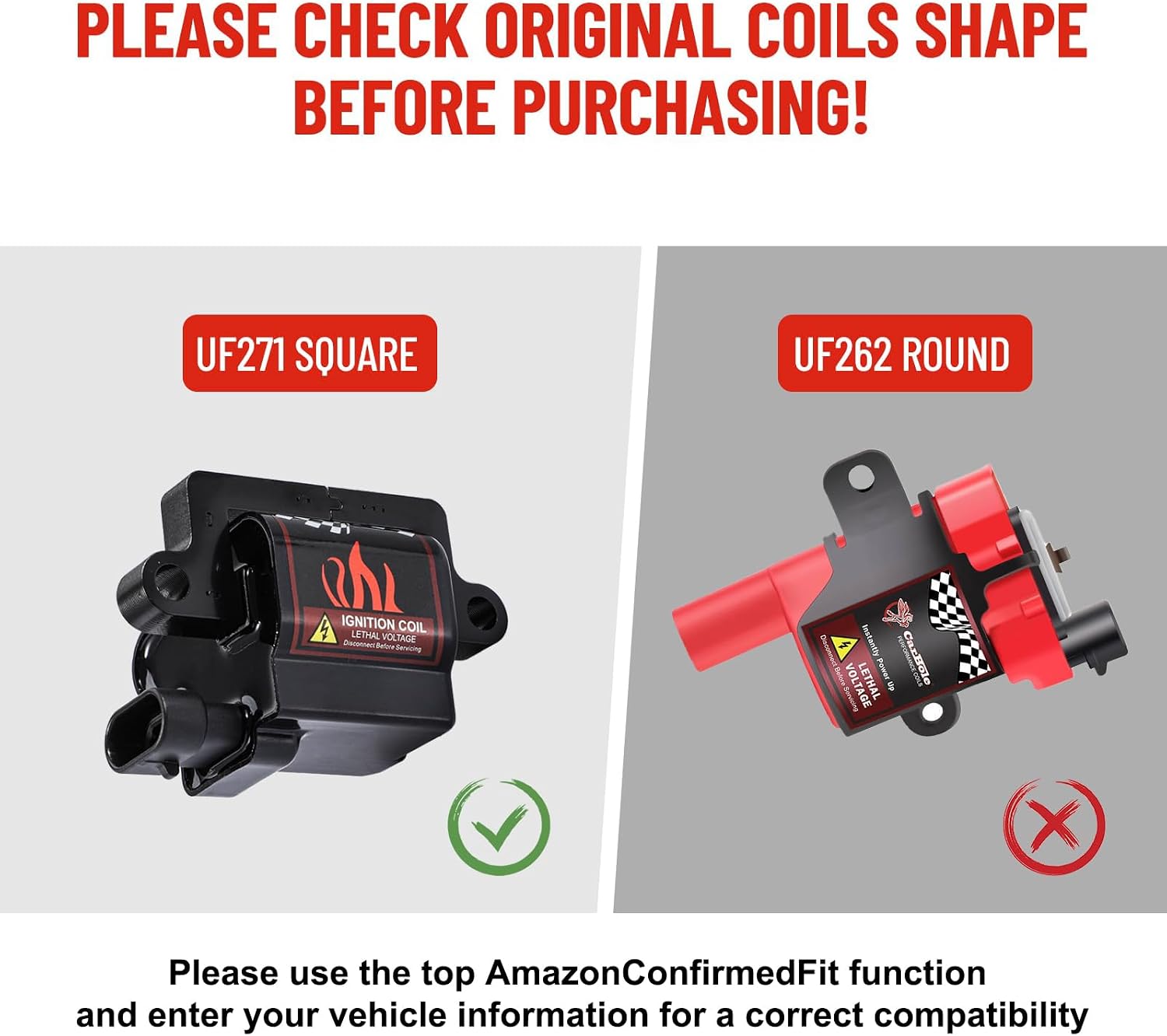 Pindex 8 Pack UF271 Square Type Ignition Coils with Spark Plugs Coil Pack Kits Compatible with Cadillac Chevrolet GMC 4.8 5.3 6.0L Part Number 12558693 12556893 3859078