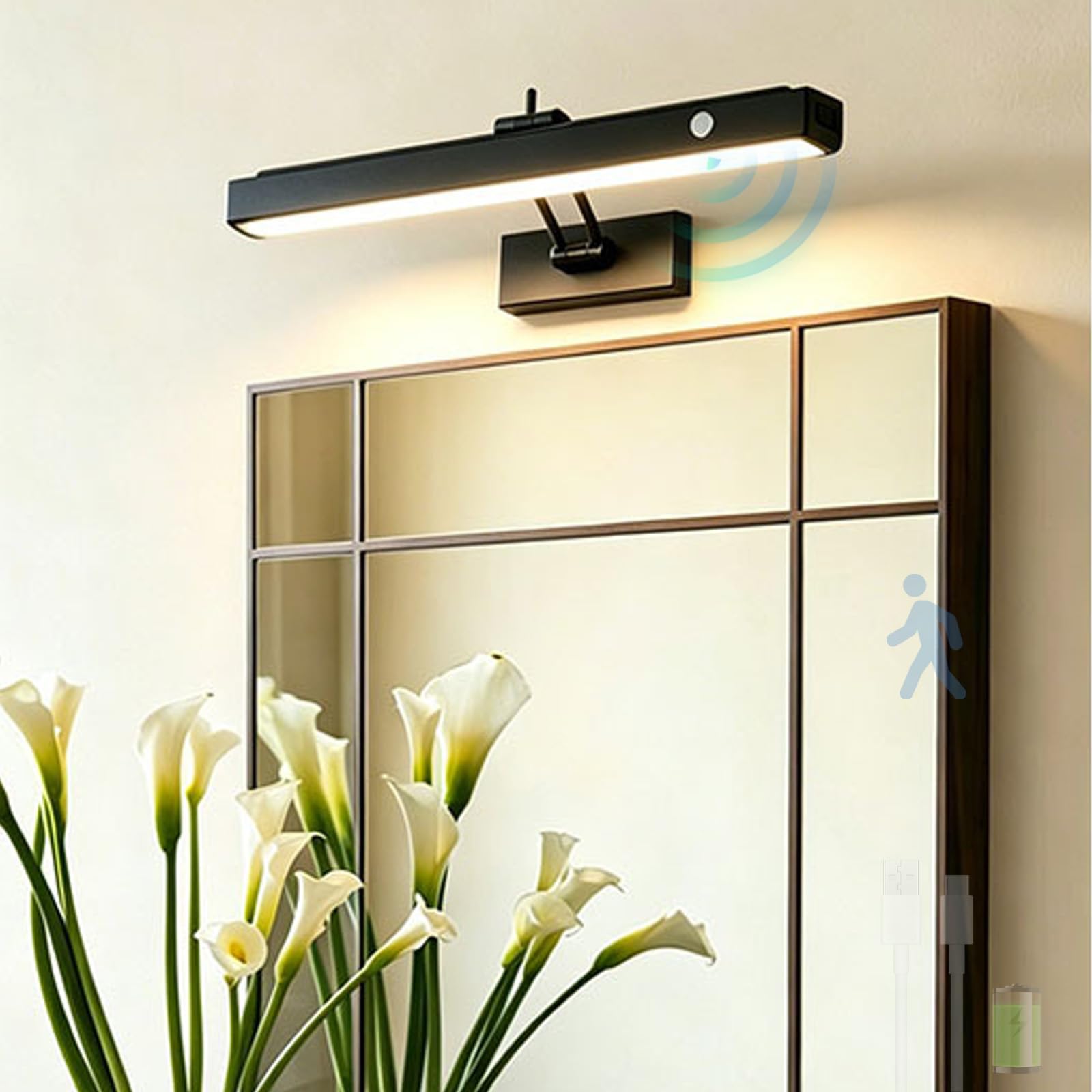 Espejo Baño LED Apliques de Pared con Interruptor Lámpara de Pared con Sensor de Movimiento Iluminación de Pared USB Recargable para Maquillaje Baño Dormitorios (Negro-Luz Cálida,42cm)