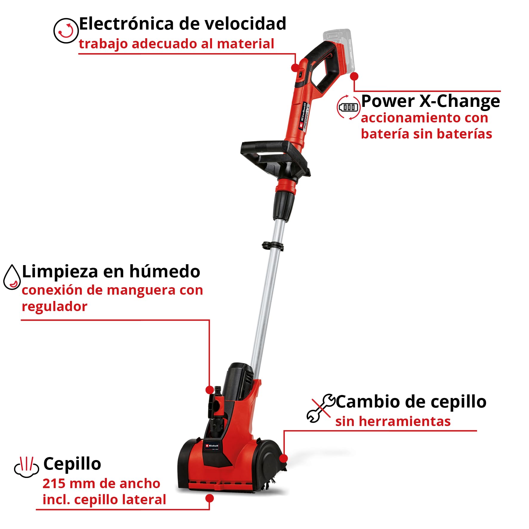 Einhell Cepillo para Superficies con batería PICOBELLA 18/215 Power X-Change (18 V, Iones de Litio, 215 mm Anchura, Incl. conexión para la Manguera de jardín, Cepillo Medium, sin batería ni Cargador)