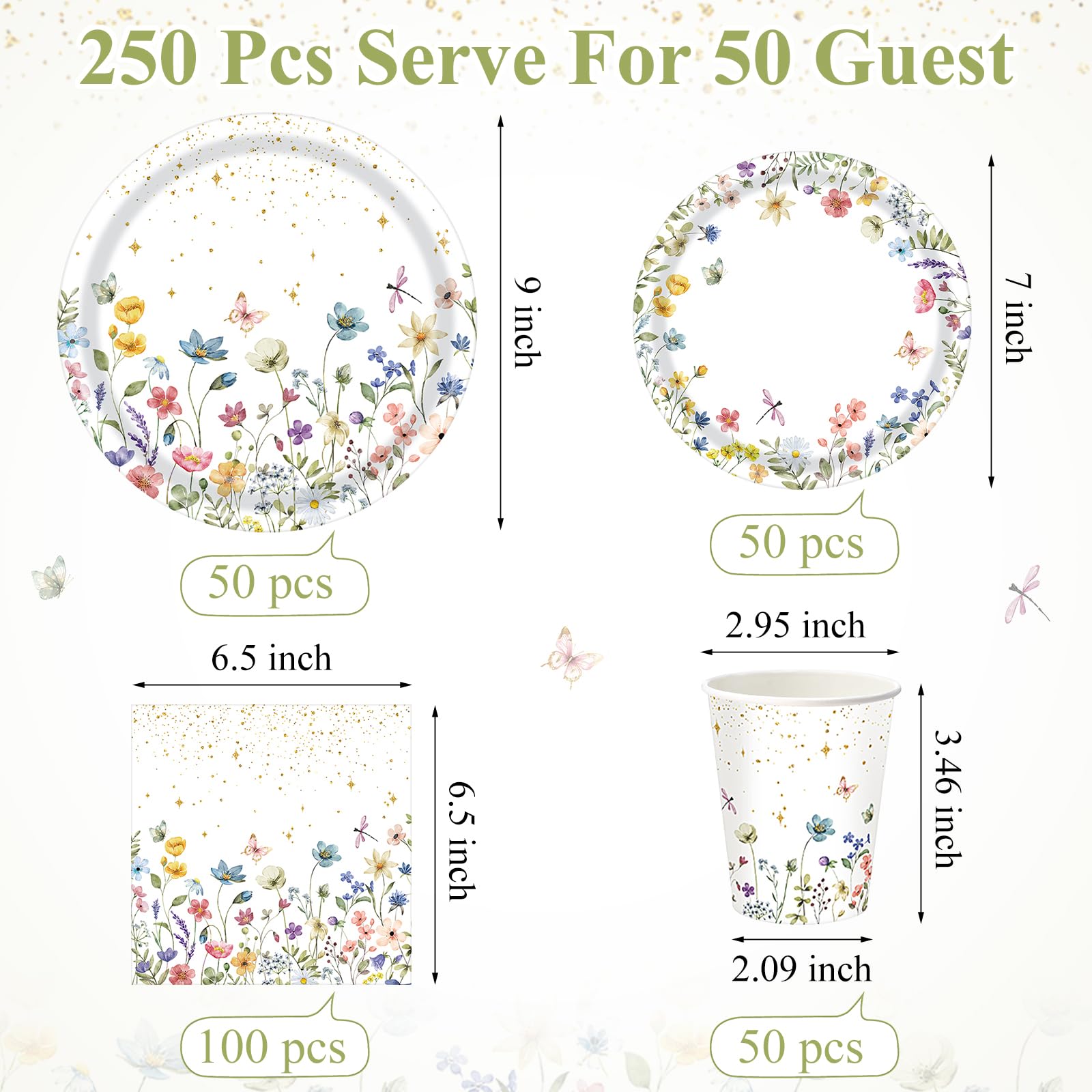 Ziliny 250 Stück Wildblumen-Party-Dekorationen, inklusive Frühlings- und Sommer-Pappteller, Servietten und Becher für Wildblumen, Babypartys, Tee-Dekorationen, für 50 Gäste (bunt, Blumenstil)