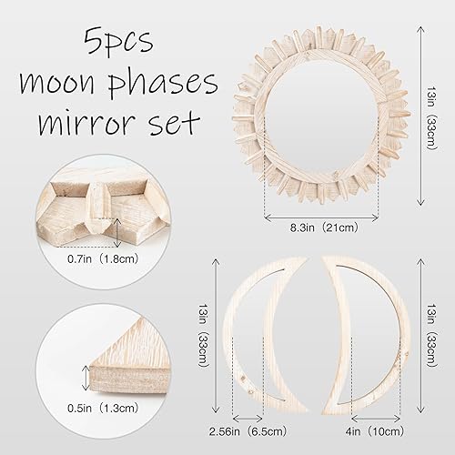 Miniatura 2 de WAKOSAN Espejo de pared, juego de espejos de fase lunar, decoración de pared para dormitorio, espejo bohemio de madera y vidrio real con reflejo