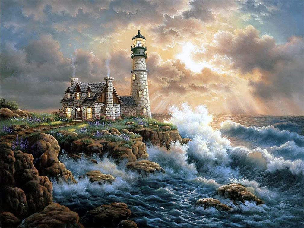 Amiiba Lighthouse Diy Paint By Numbers Kits, Ocean Shore And Hut 16X20 Inch Acrylic Painting By Number Wall Art Crafts (, Without Frame)