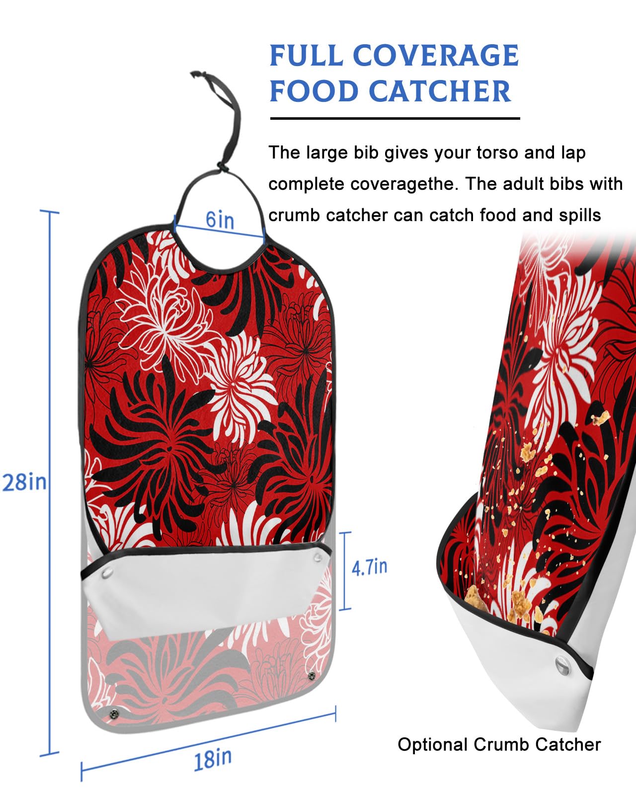 Red Black White Spring Floral Adult Bibs for Eating, Waterproof Bibs with Food Catcher & Adjustable Snap Closure, Modern Abstract Aesthetics Clothing Protectors Adult Bibs for Elderly Women/Men
