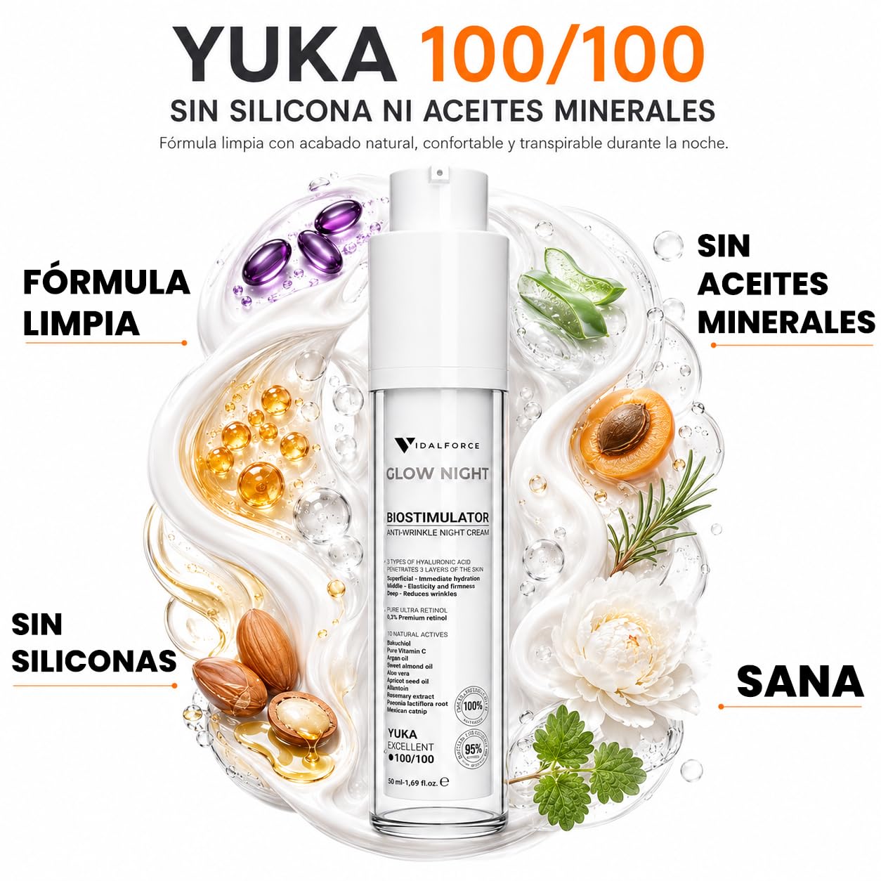 GLOW NIGHT Crema Antiarrugas - Rejuvenece 5 años - Crema Noche I 100/100 en Yuka I Retinol Encapsulado, Ácido Hialurónico Full-Spectrum y Bakuchiol 50ml