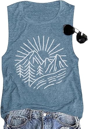 Hiking Mountain T-Shirt for Women Summer Casual Sleeveless Workout Tank Top | Camping Adventure,Fun Pine Tree Sunrise Mountain,Loose Fit,Casual Round Neck Cotton Tee,Soft,Lightweight,Breathable Fabrics