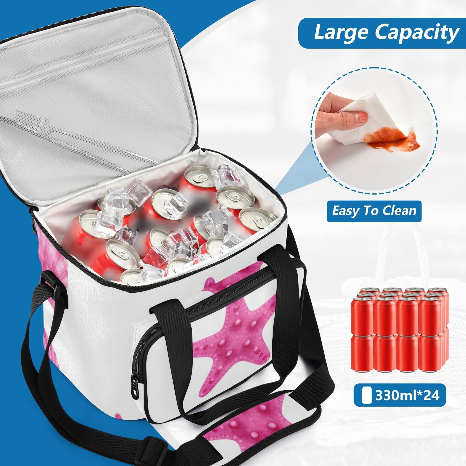 Wudan Blush starfishes Shell Coastal handheld cooler tote 600D Oxford Fabric Potluck Party Office Workers