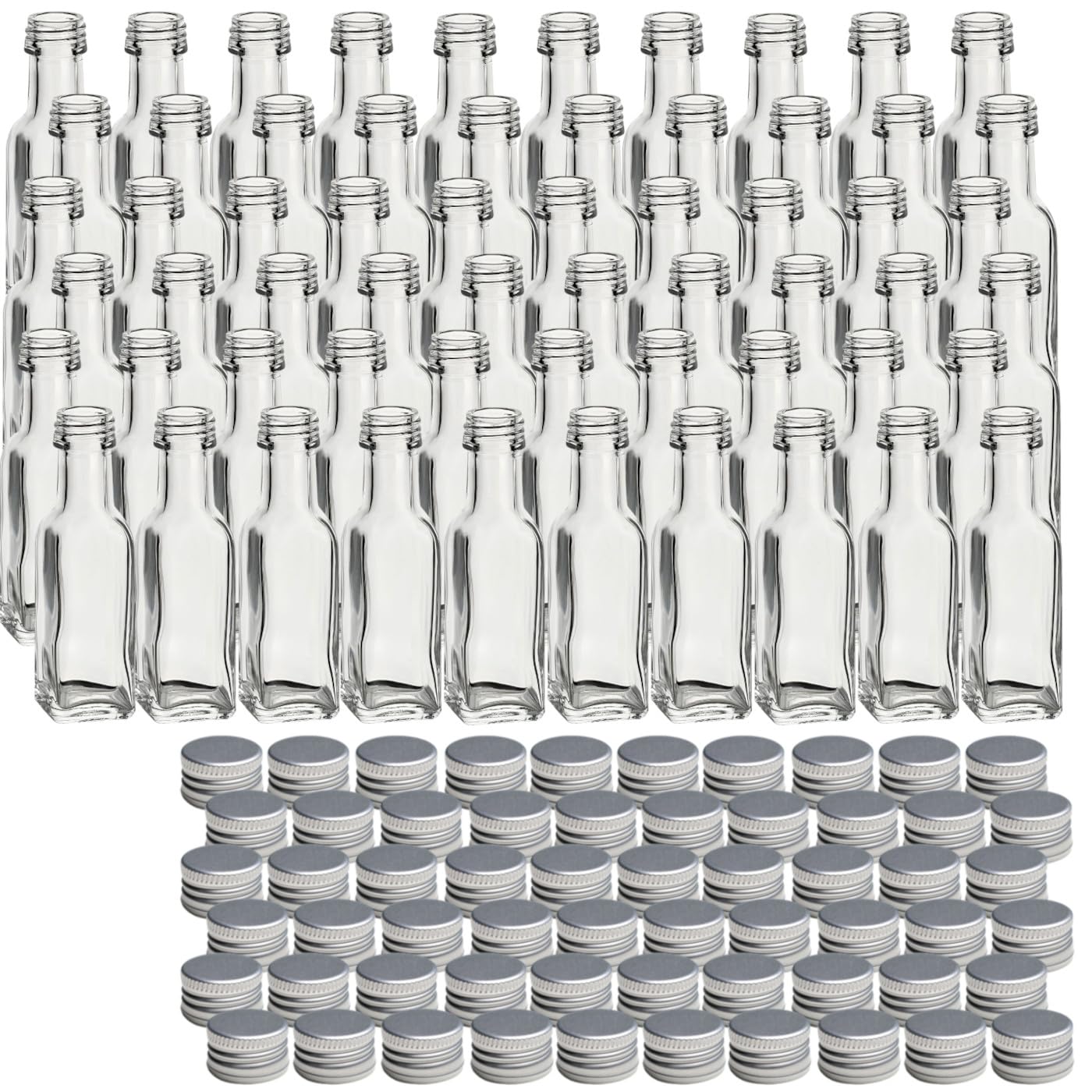 gouveo Lot de 60 bouteilles en verre Maraska de 20 ml avec bouchon à vis argenté - mini bouteille de 0,02 l à remplir - bouteilles en verre pour liqueur, liqueur, huile ou pour l'artisanat (MFET020S)