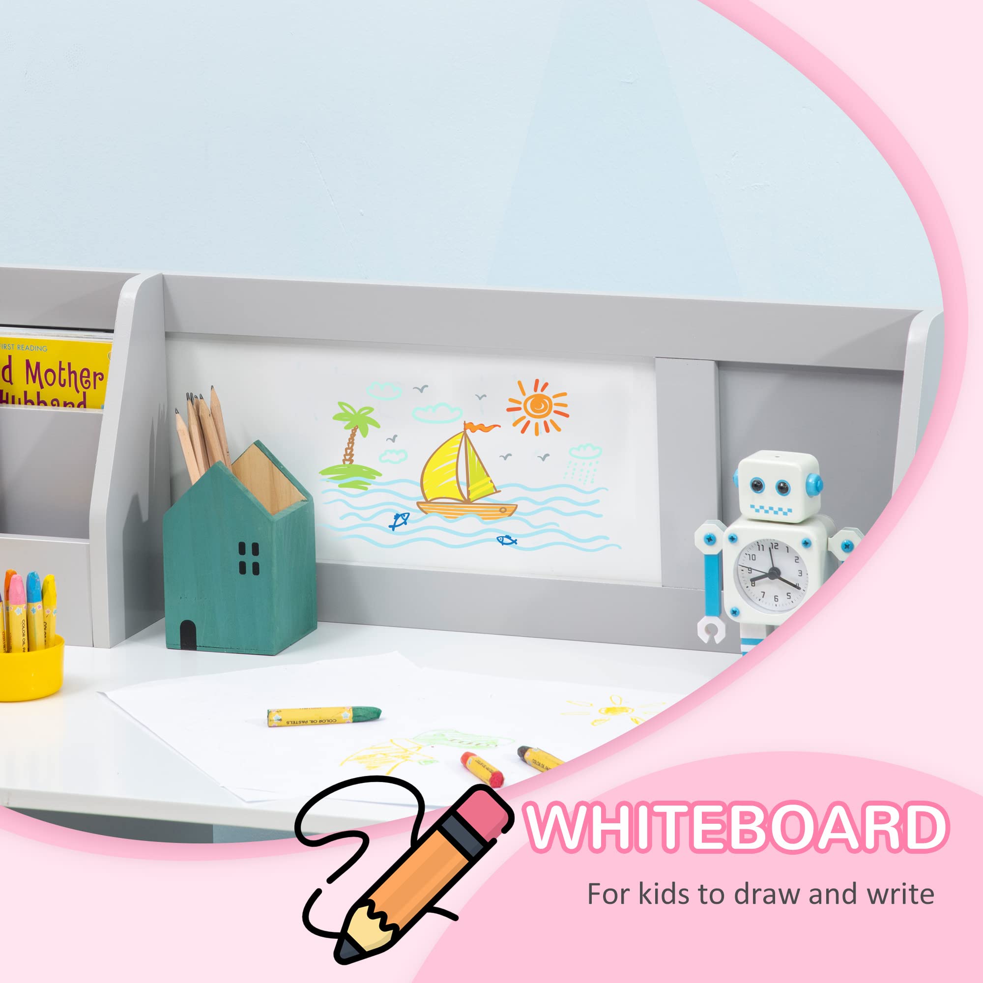 HOMCOM Kinder Schreibtisch-Stuhl-Set 2er Multifunktional Whiteboard Grau