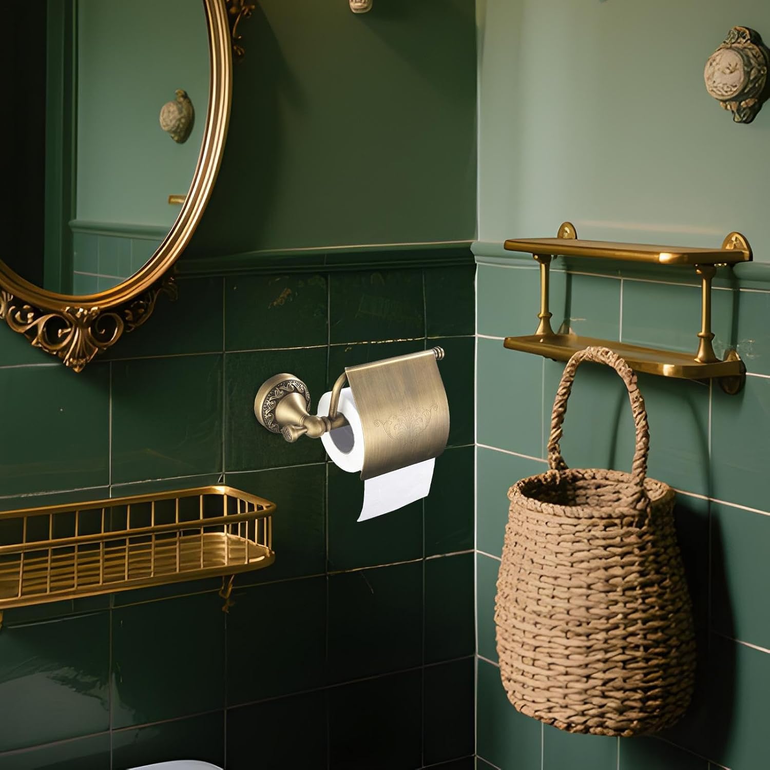 Gold Toilet Paper Holder Wall Mount, Bathroom Tissue Roll Holder for RV Camper Vanity Decor, Brass Finish Toilet Tissue Storage Organizer with Elegant Design