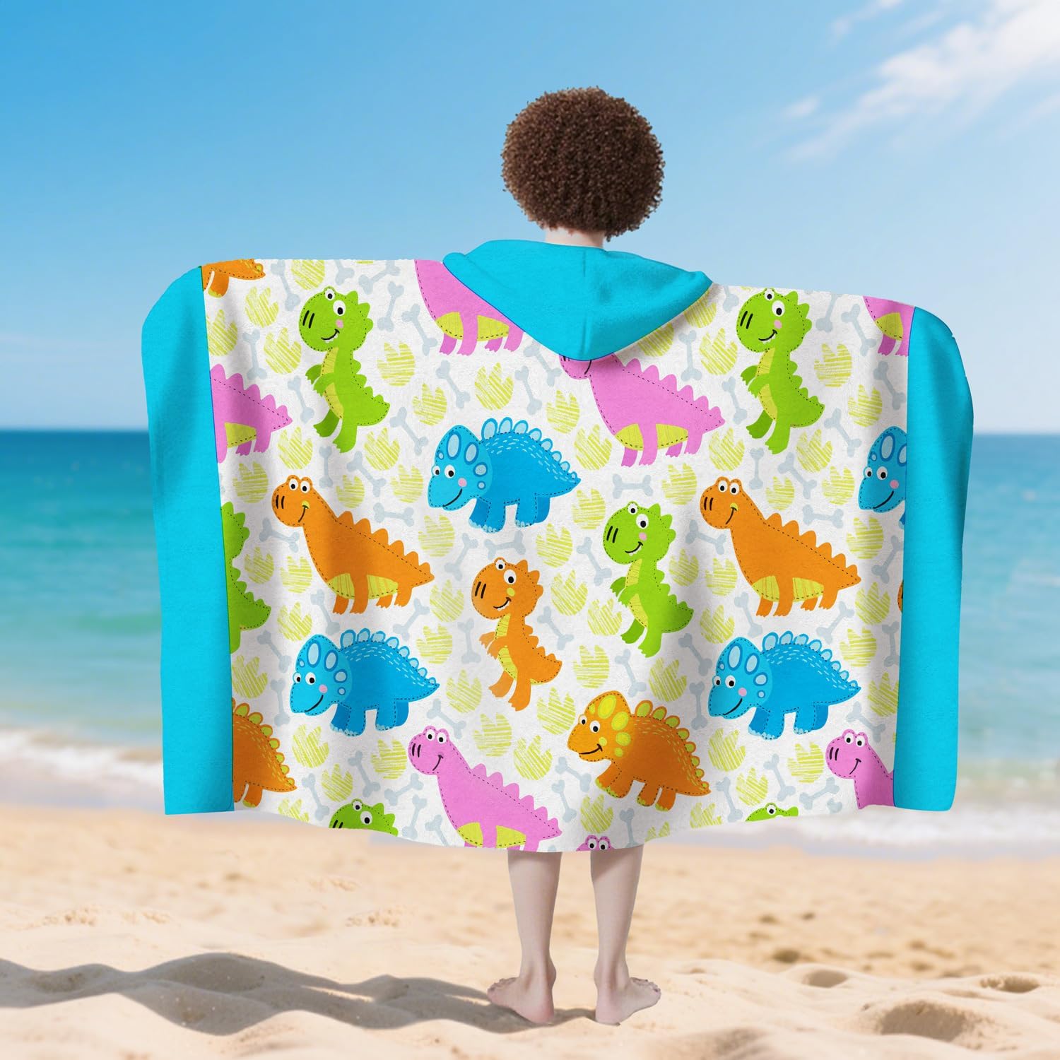 Dinosaur Hooded Beach Towel for Boy, 35" x 60" Kids Poncho Bath Towel for Toddler, Light Blue Soft Absorbent with Hood for 3-10 Years Bathrobe for Swimming Pool Bath