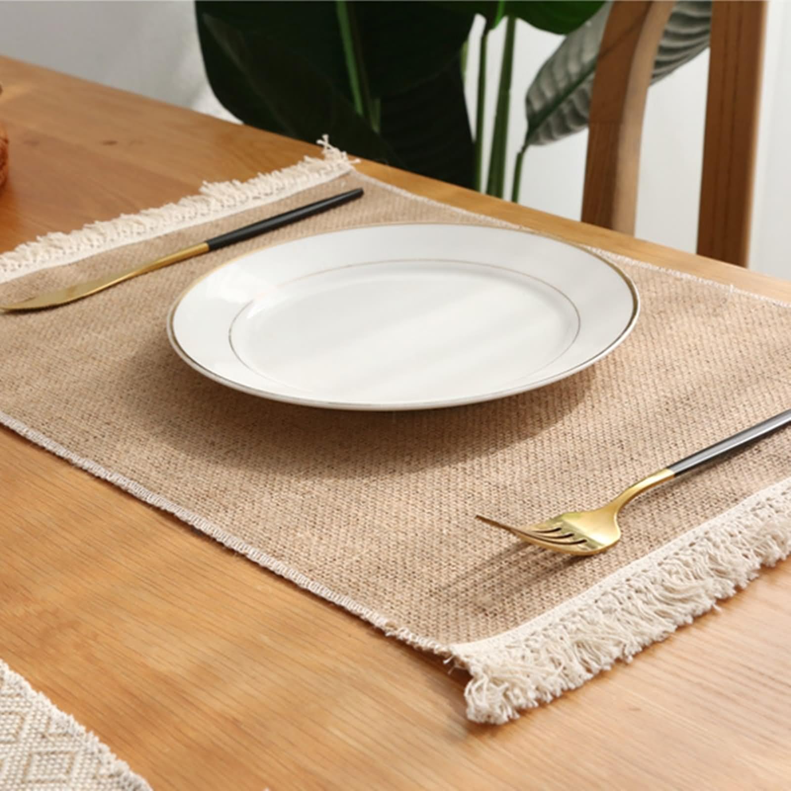 10er Set Platzset Weihnachten Edel, Tisch Untersetzer Braun 30x45cm Einfarbig mit Quaste Baumwoll Leinen