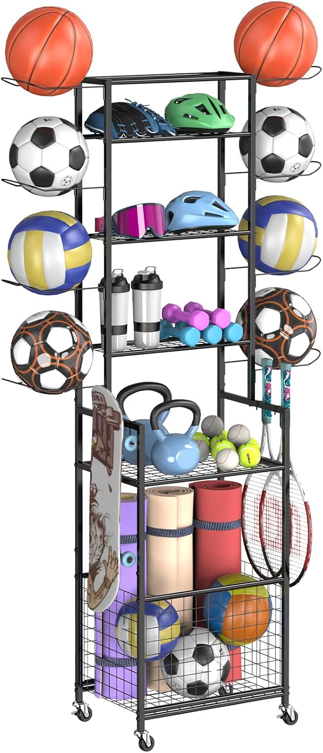 Shinoske Ball Storage Rack with Wheels,6-Tier Basketball...