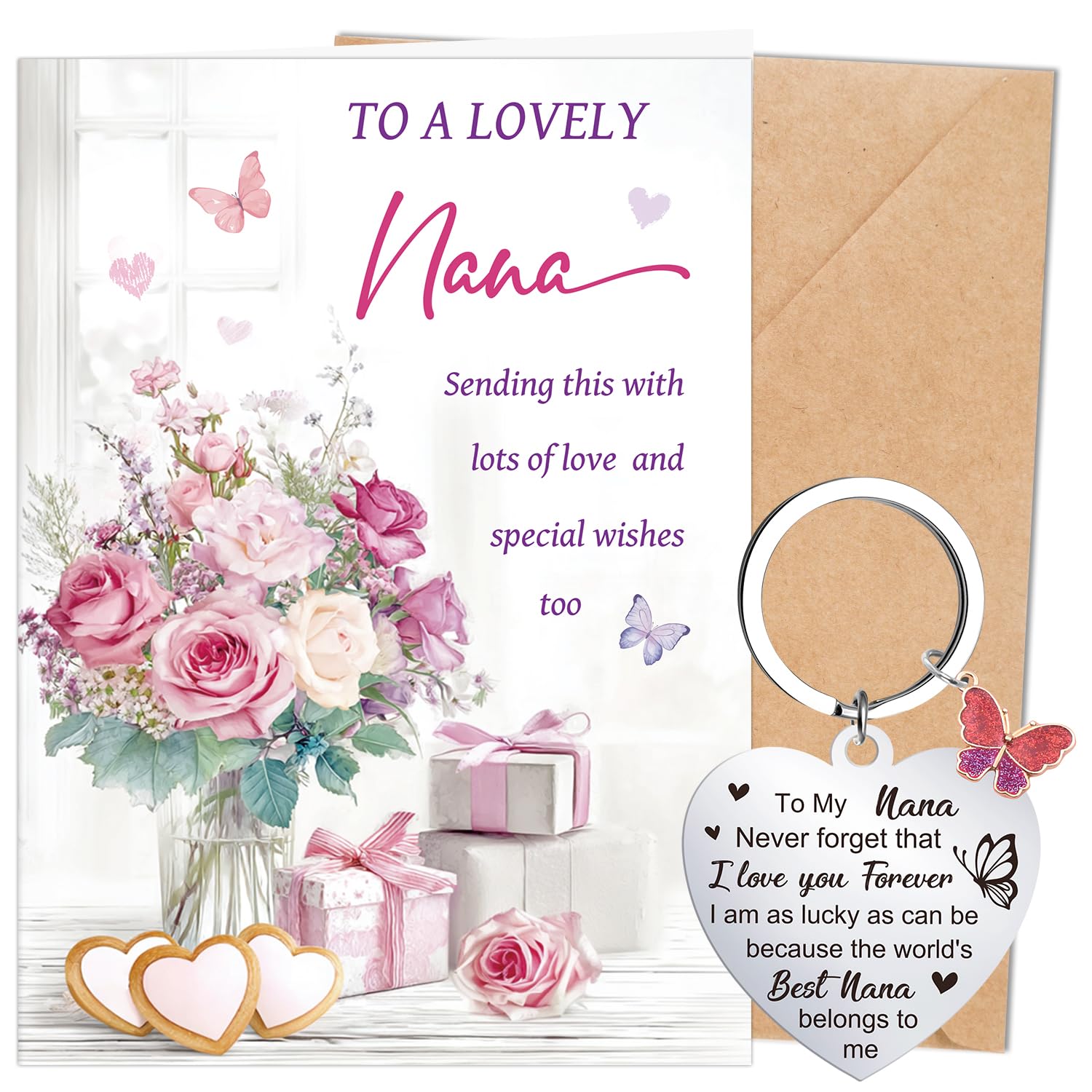 Eiapadeor Nana Birthday Card Keyring - Flower Nana Greeting Card with Heart Shape Keychain Birthday Valentines Day Christmas Gifts for Nanny Nan from Grandson Granddaughter — image 1