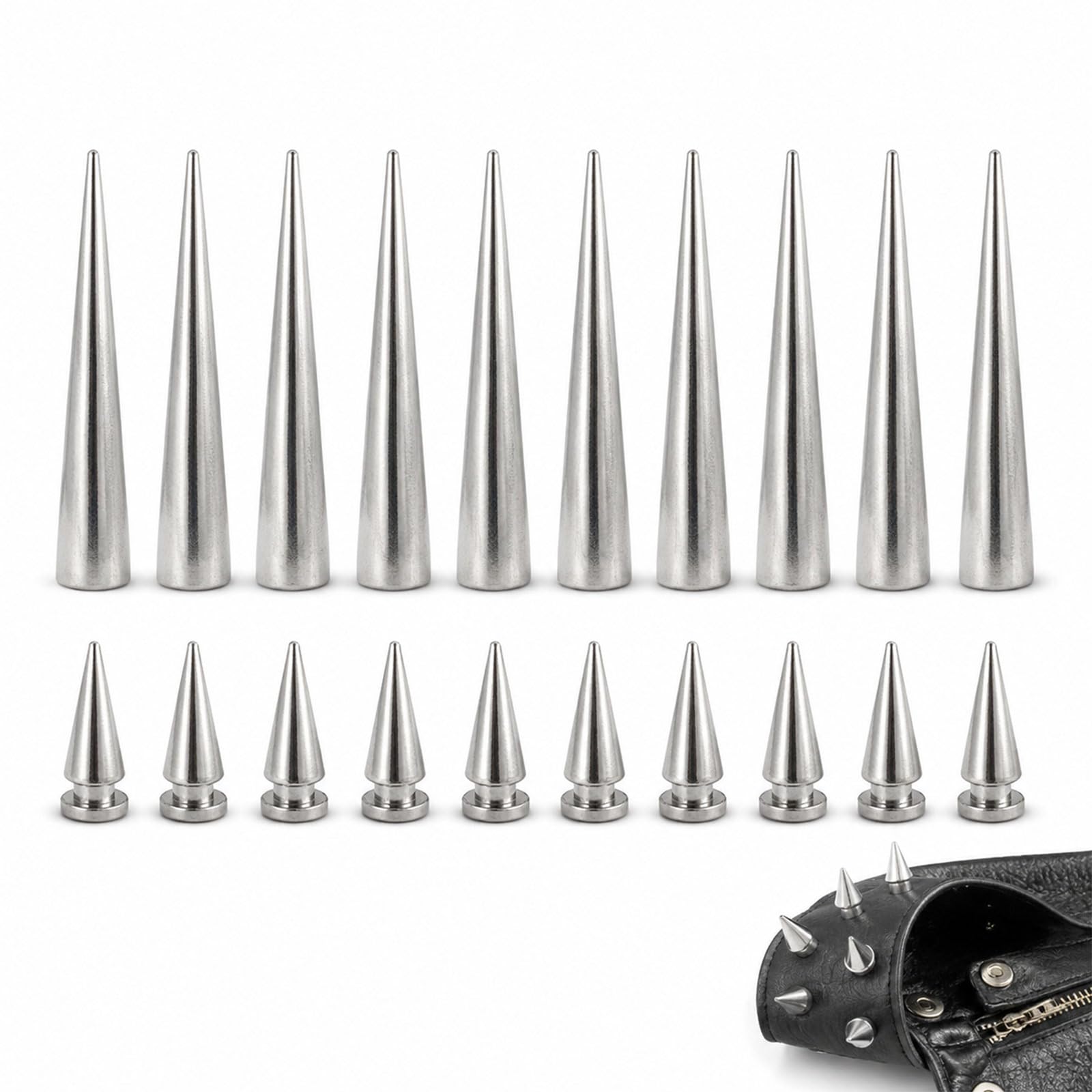 20 Sets 2 Sizes Silver Cone Spike Studs, 20.5mm & 38mm Screwback Punk Metal Rivets, Alloy Spikes for DIY Leather Crafts, Clothing, Jackets & Cosplay