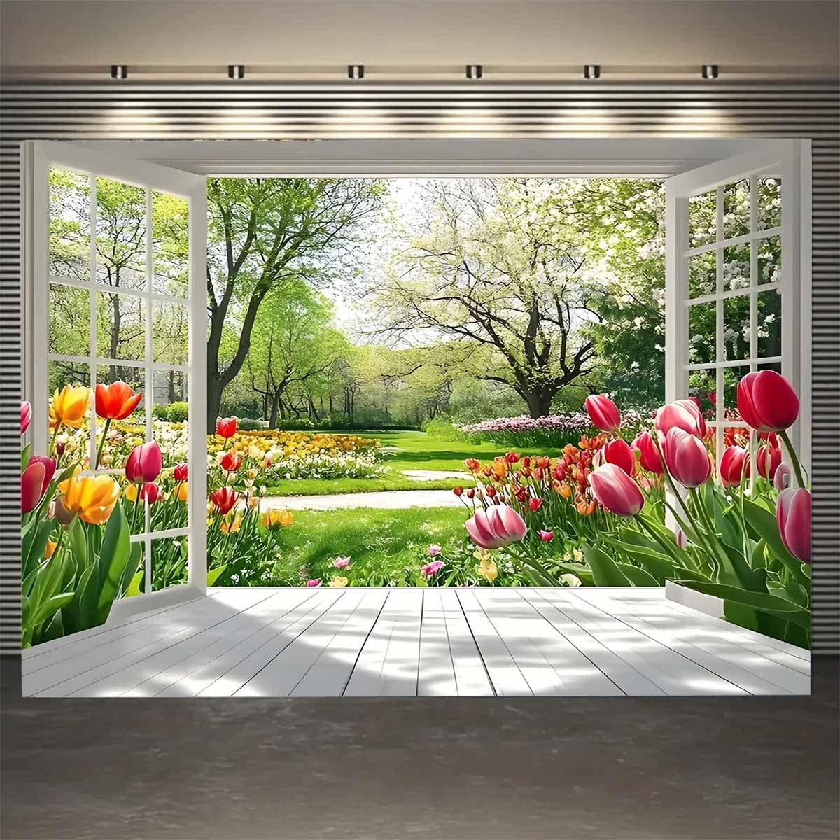 FENDROM Colorful Spring Flower Garden Tapestry Nature Floral Window View Tulip Yards Art Tapestries Poster Wall Hanging for Blanket College Dorm Home